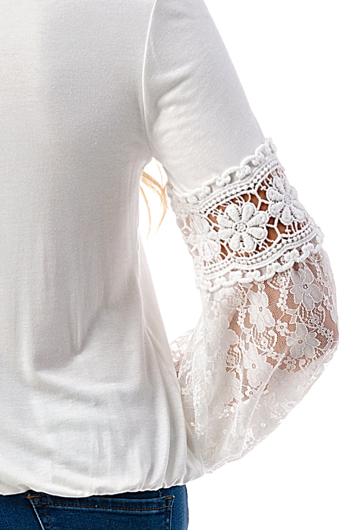 CLAIRE V NECK FRONT TIE TOP (IVORY/ IVORY LACE)-VT3044