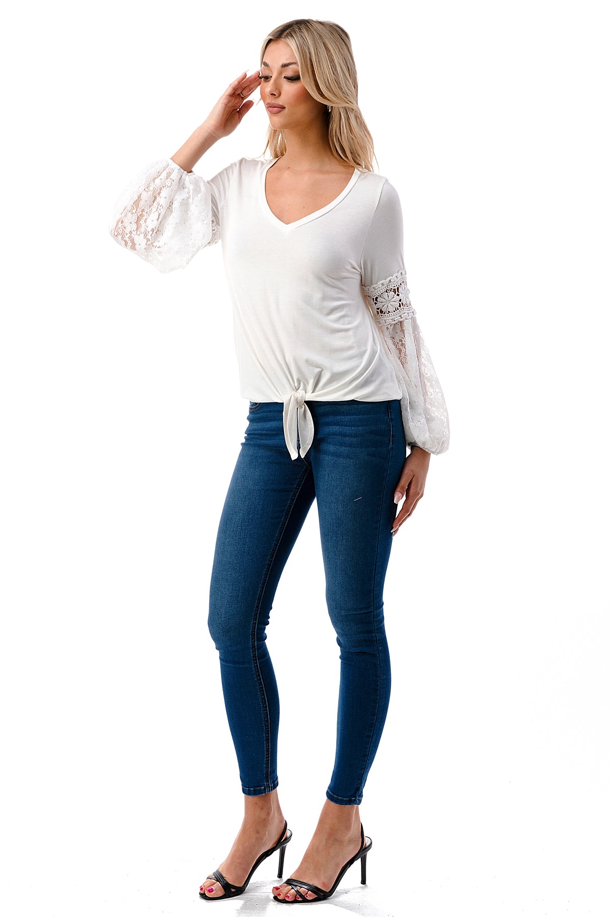 CLAIRE V NECK FRONT TIE TOP (IVORY/ IVORY LACE)-VT3044