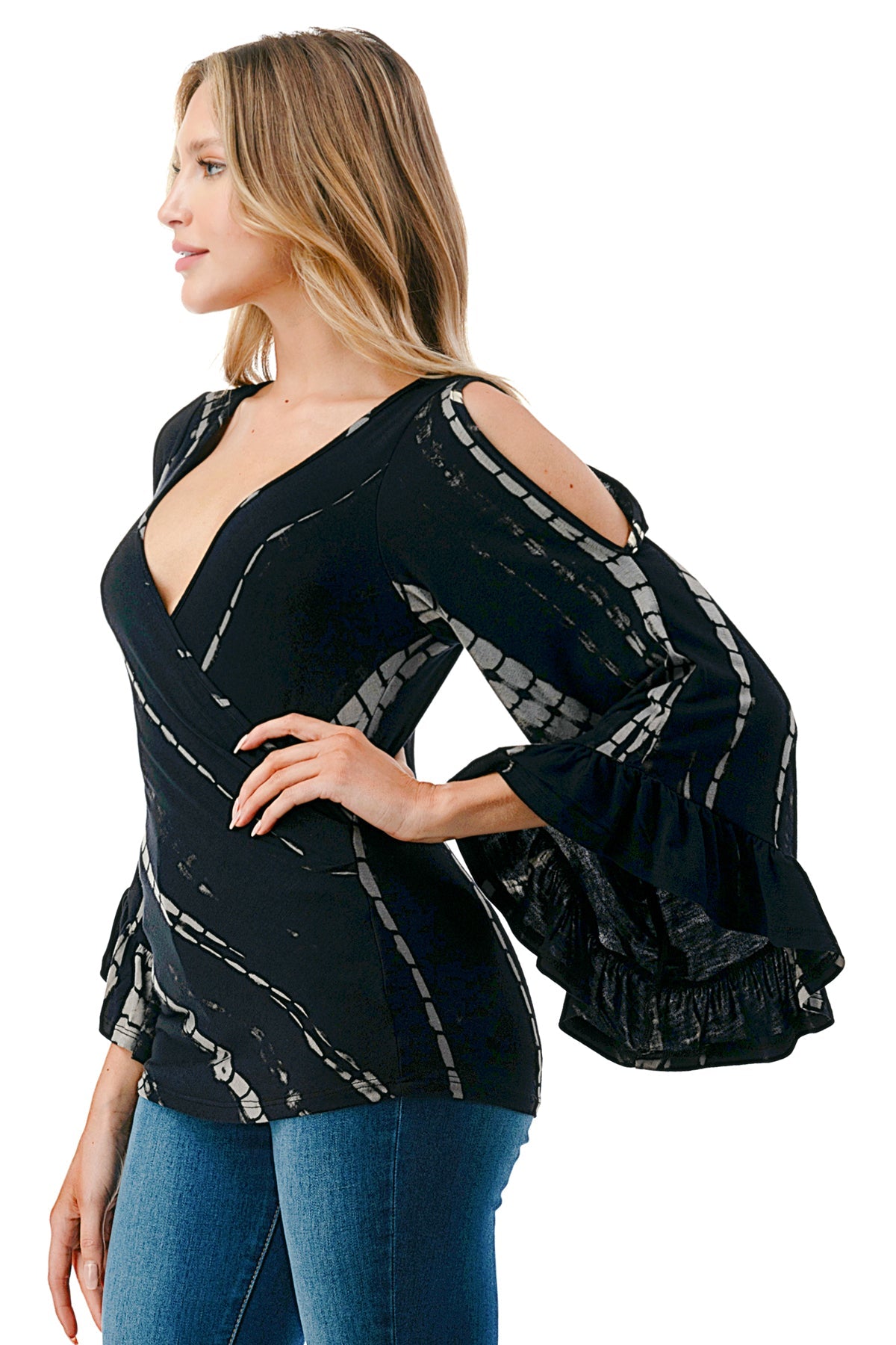 KELSEY RUFFLE SLEEVE TOP (BLACK BAMBOO)-VT3150