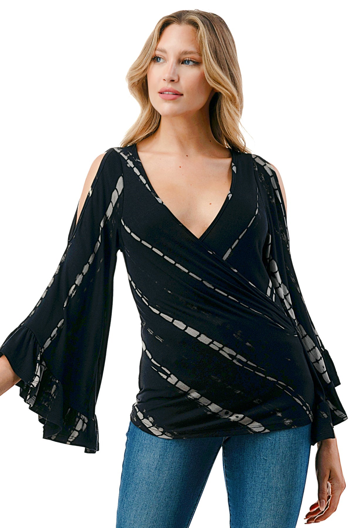 KELSEY RUFFLE SLEEVE TOP (BLACK BAMBOO)-VT3150