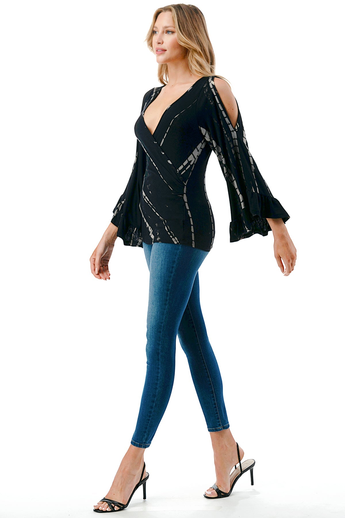 KELSEY RUFFLE SLEEVE TOP (BLACK BAMBOO)-VT3150