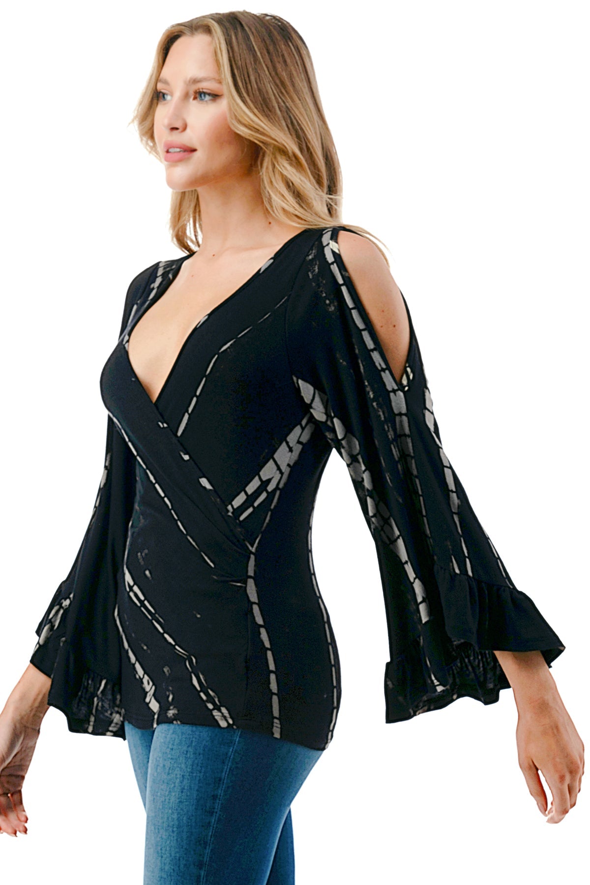 KELSEY RUFFLE SLEEVE TOP (BLACK BAMBOO)-VT3150