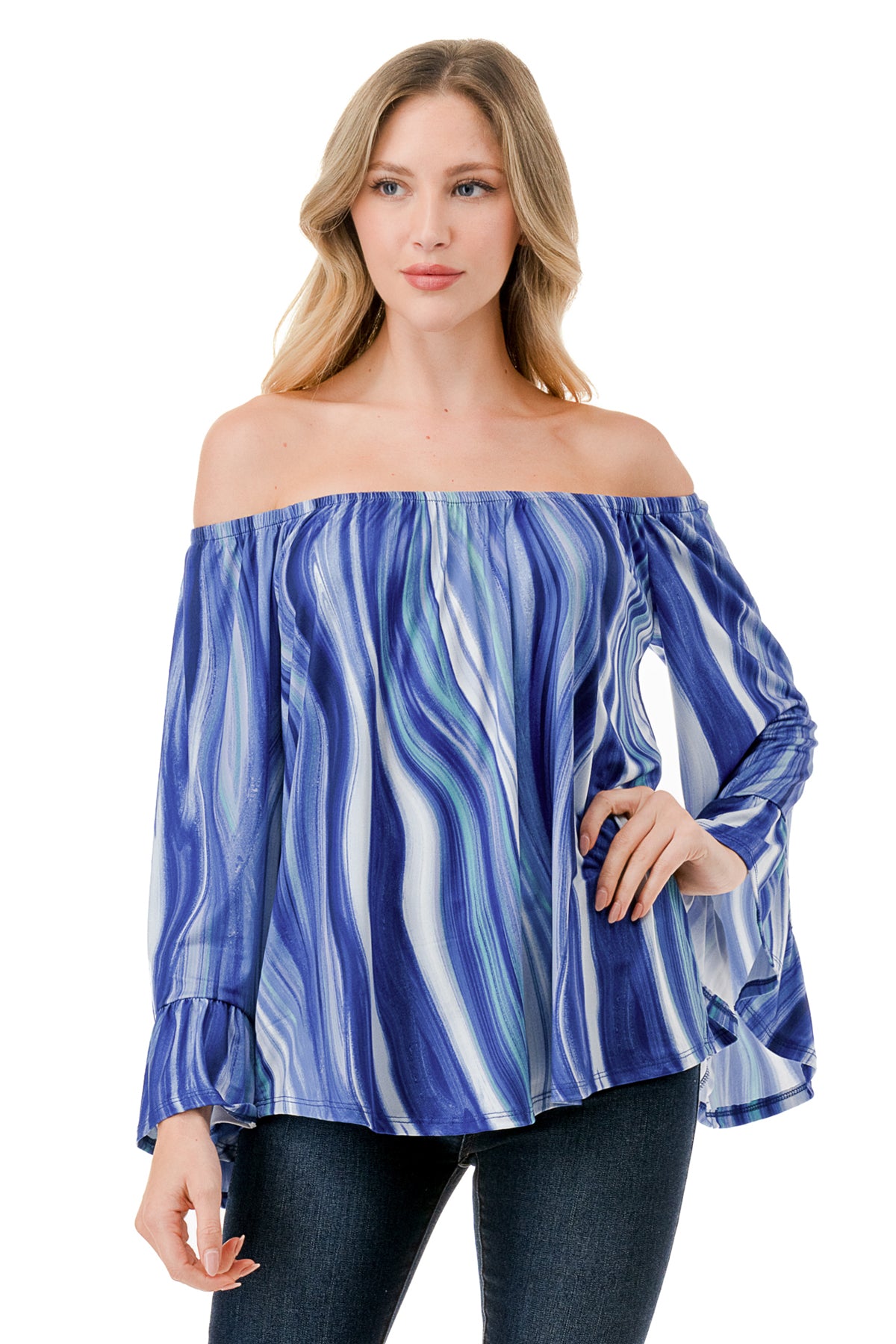 CORDELIA OFF SHOULDER TOP (BLUE WATERCOLOR)-VT3154