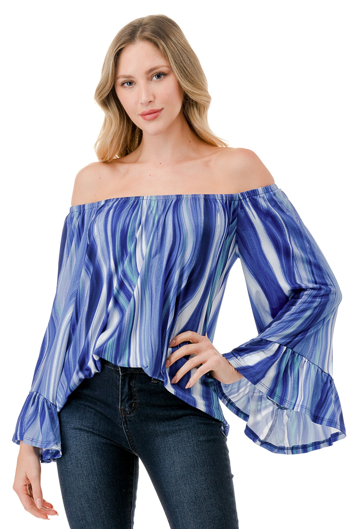 CORDELIA OFF SHOULDER TOP (BLUE WATERCOLOR)-VT3154