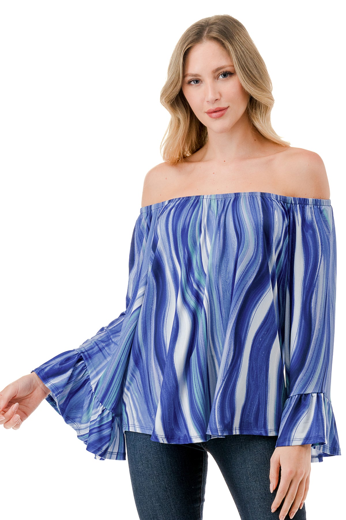 CORDELIA OFF SHOULDER TOP (BLUE WATERCOLOR)-VT3154