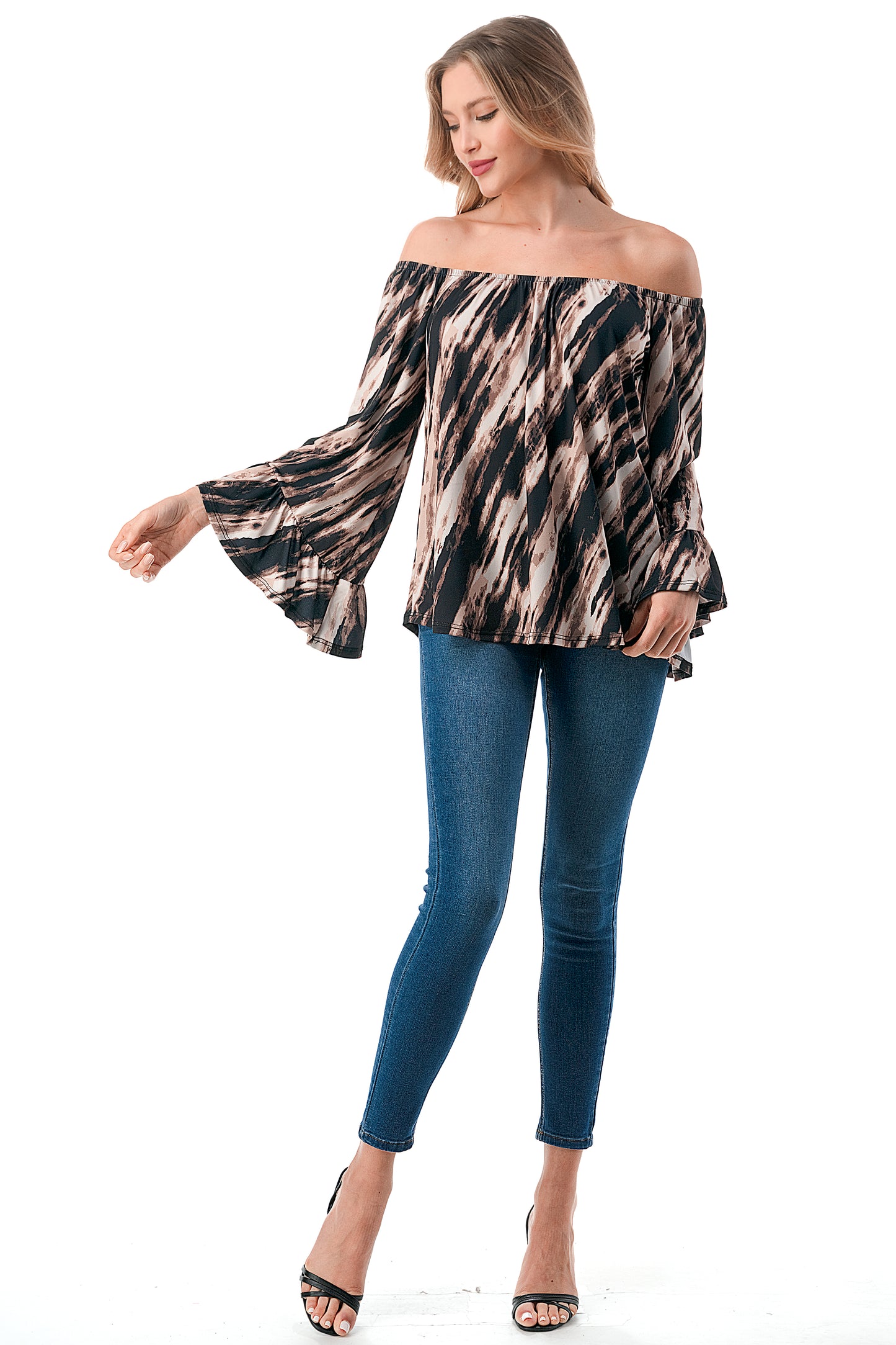 CORDELIA OFF SHOULDER TOP (BROWN WATERCOLOR)-VT3154