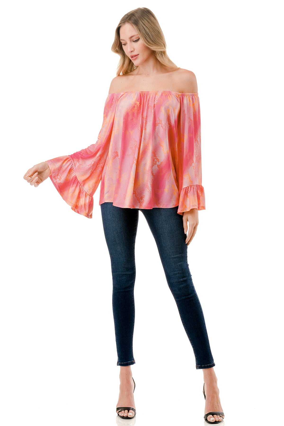 CORDELIA OFF SHOULDER TOP (PINK WATERCOLOR SNAKE)-VT3154