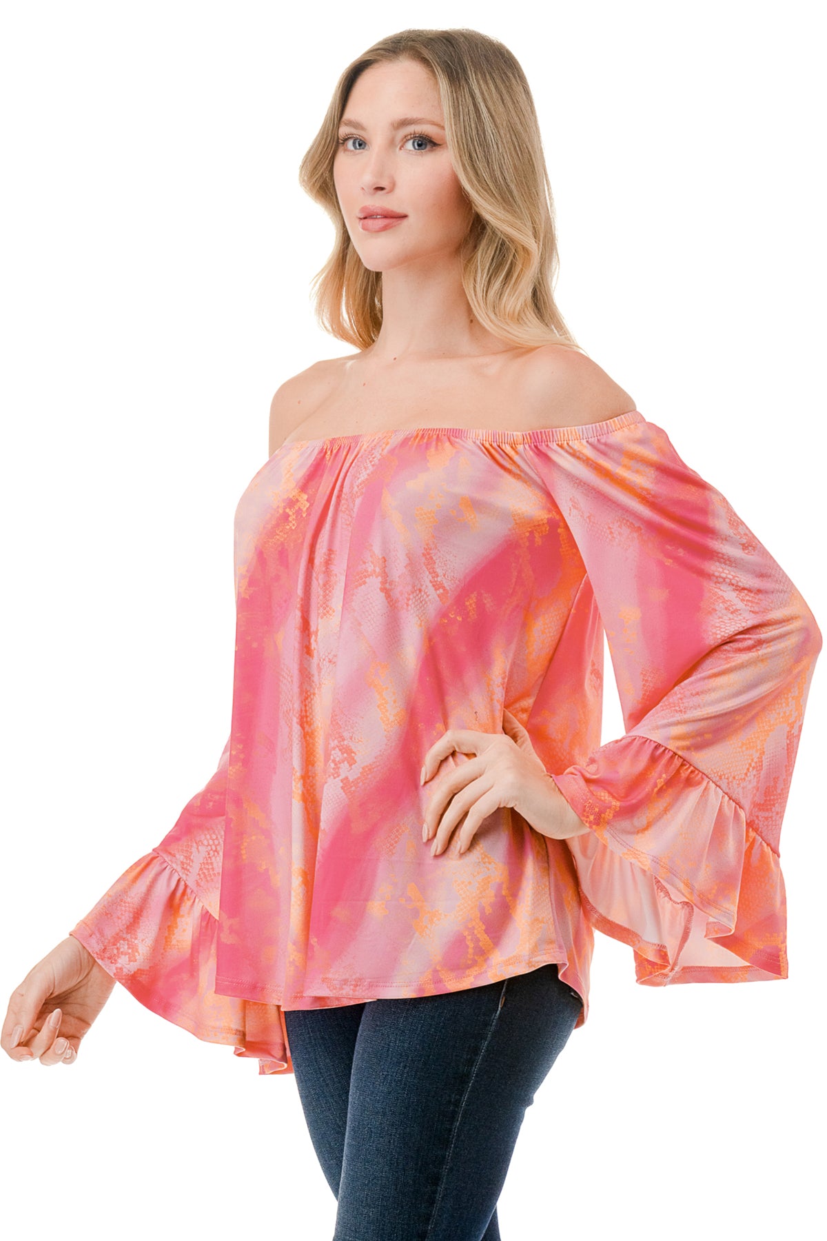 CORDELIA OFF SHOULDER TOP (PINK WATERCOLOR SNAKE)-VT3154