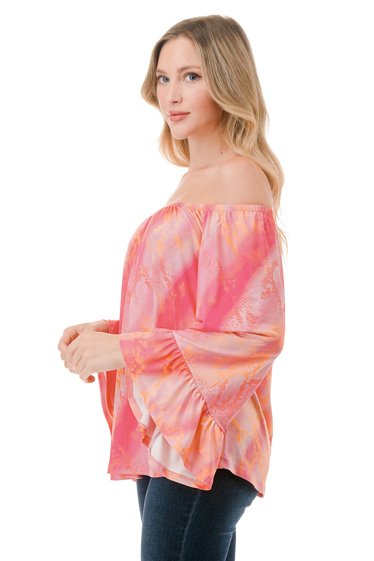 CORDELIA OFF SHOULDER TOP (PINK WATERCOLOR SNAKE)-VT3154