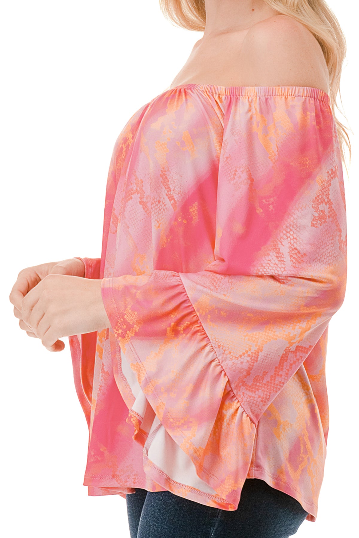 CORDELIA OFF SHOULDER TOP (PINK WATERCOLOR SNAKE)-VT3154