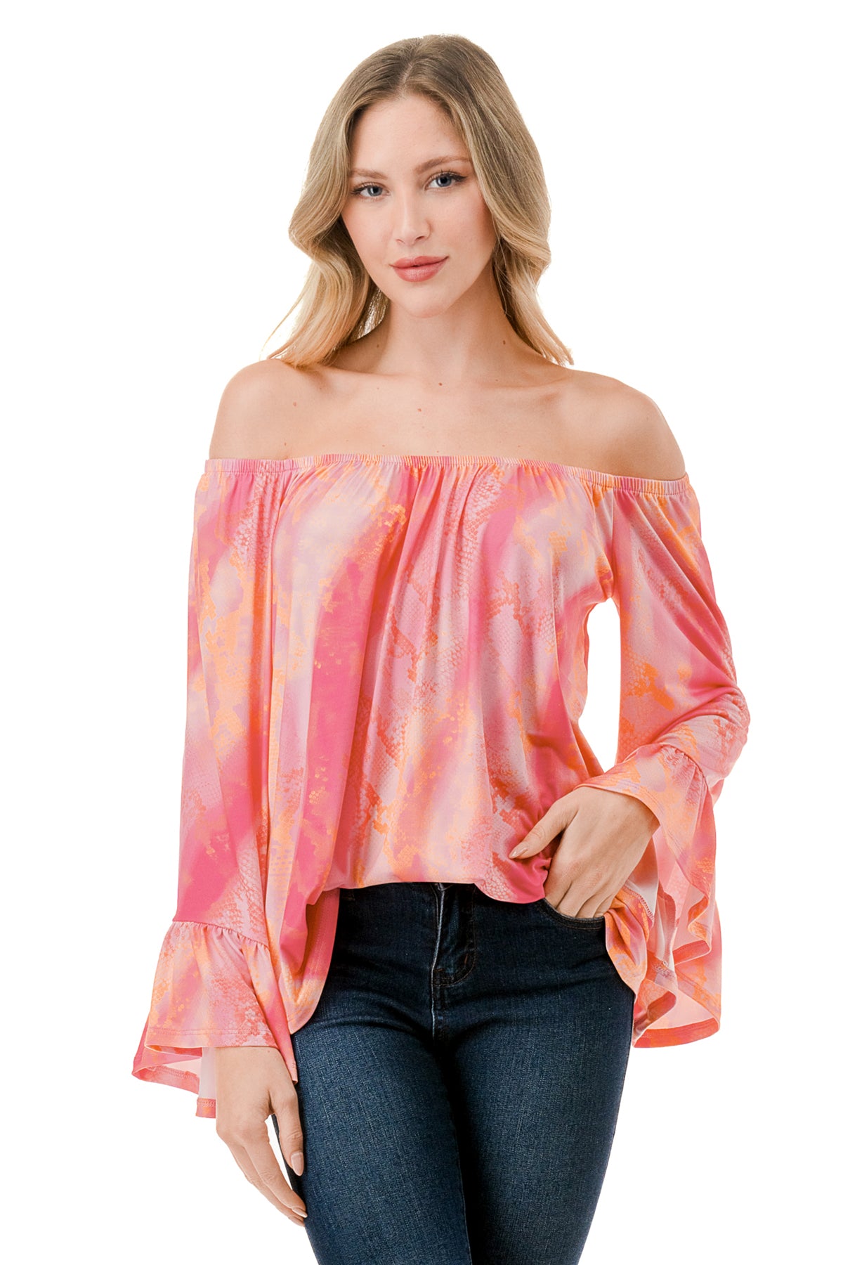 CORDELIA OFF SHOULDER TOP (PINK WATERCOLOR SNAKE)-VT3154