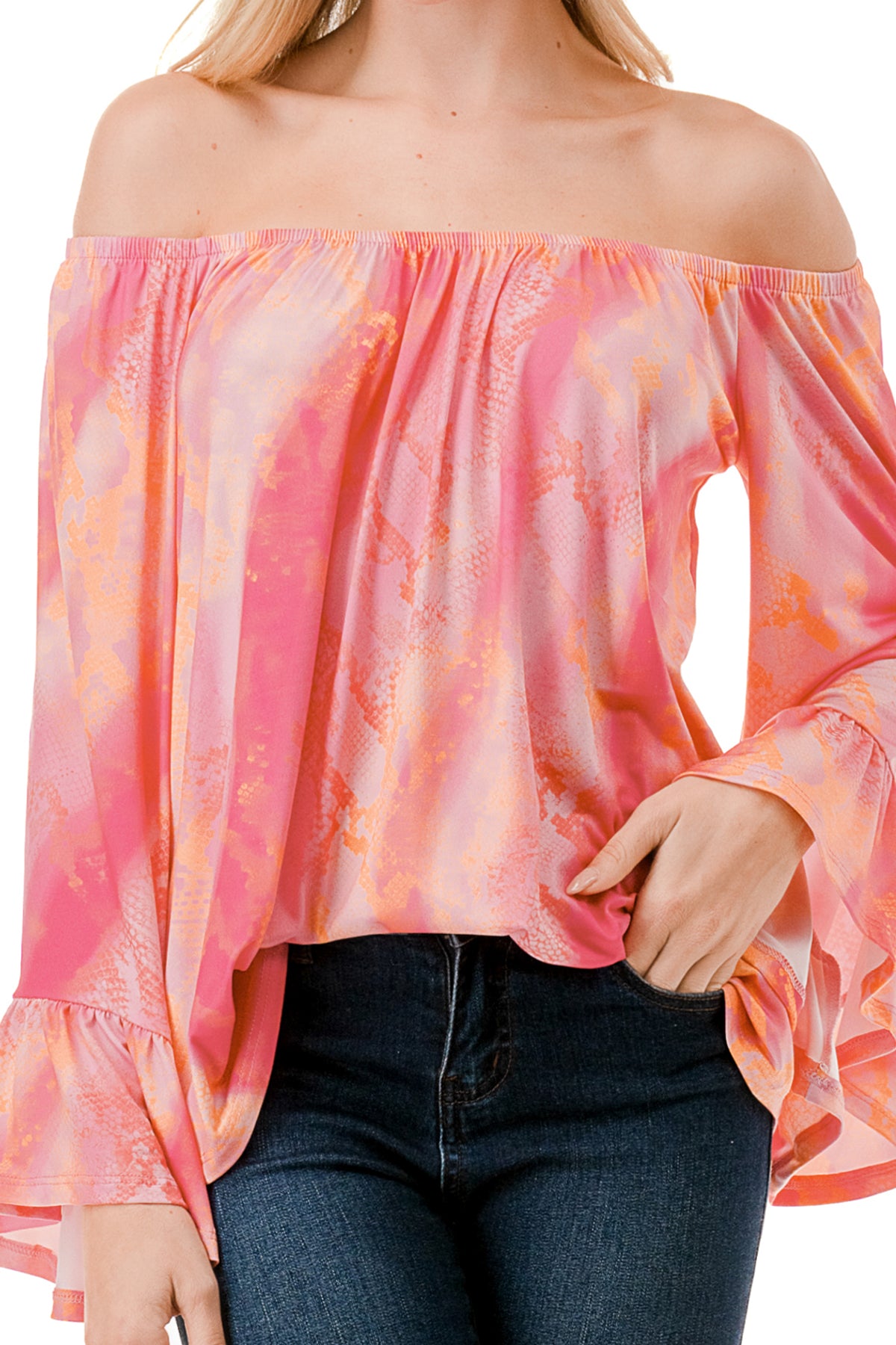 CORDELIA OFF SHOULDER TOP (PINK WATERCOLOR SNAKE)-VT3154