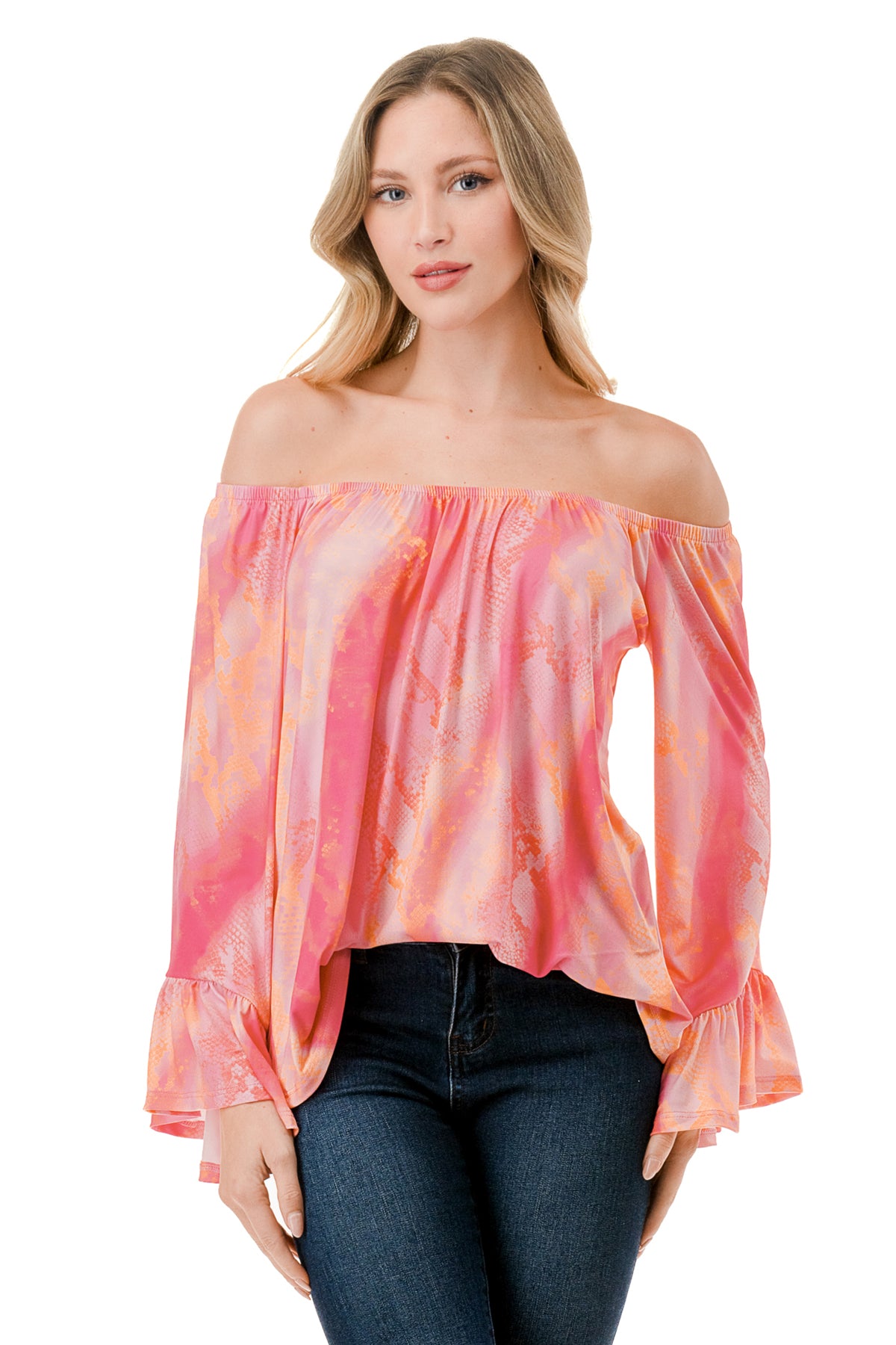 CORDELIA OFF SHOULDER TOP (PINK WATERCOLOR SNAKE)-VT3154