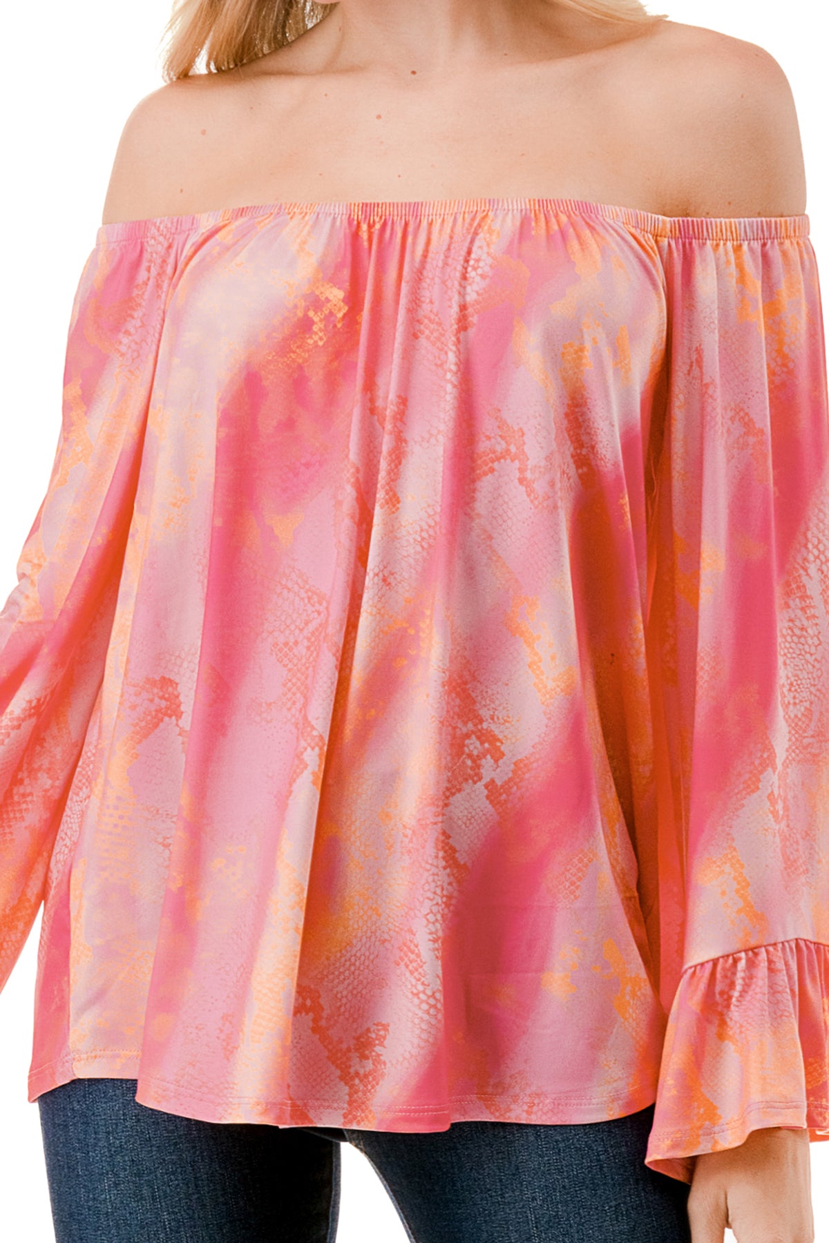 CORDELIA OFF SHOULDER TOP (PINK WATERCOLOR SNAKE)-VT3154