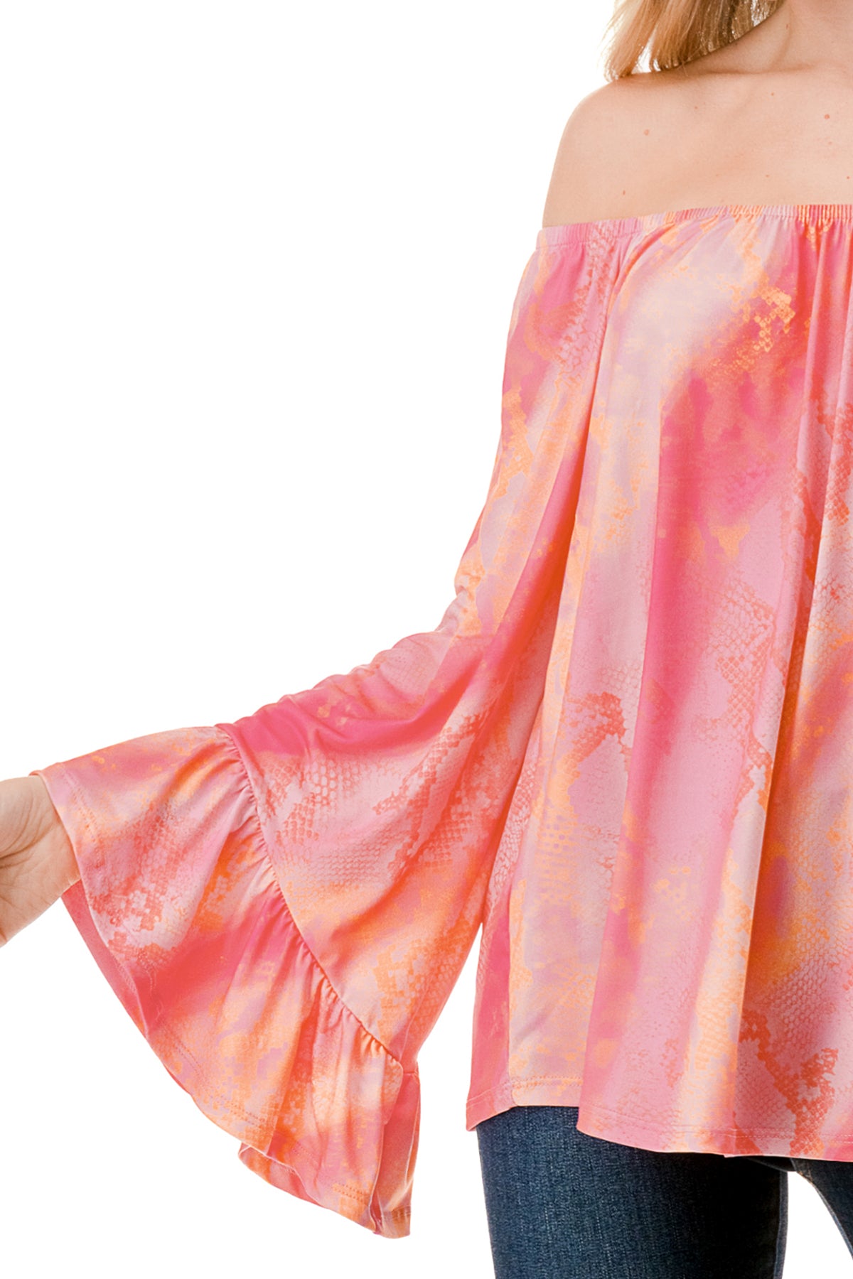 CORDELIA OFF SHOULDER TOP (PINK WATERCOLOR SNAKE)-VT3154