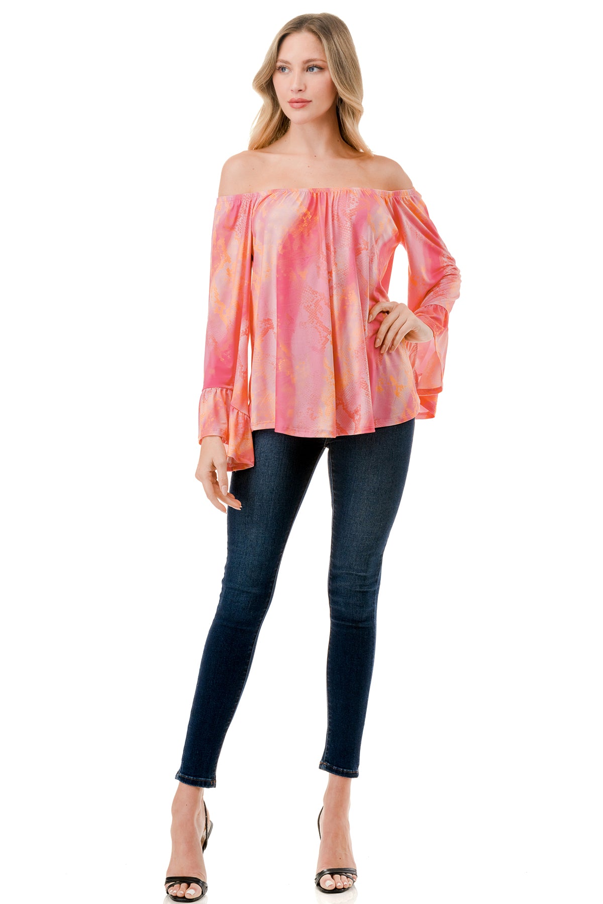 CORDELIA OFF SHOULDER TOP (PINK WATERCOLOR SNAKE)-VT3154