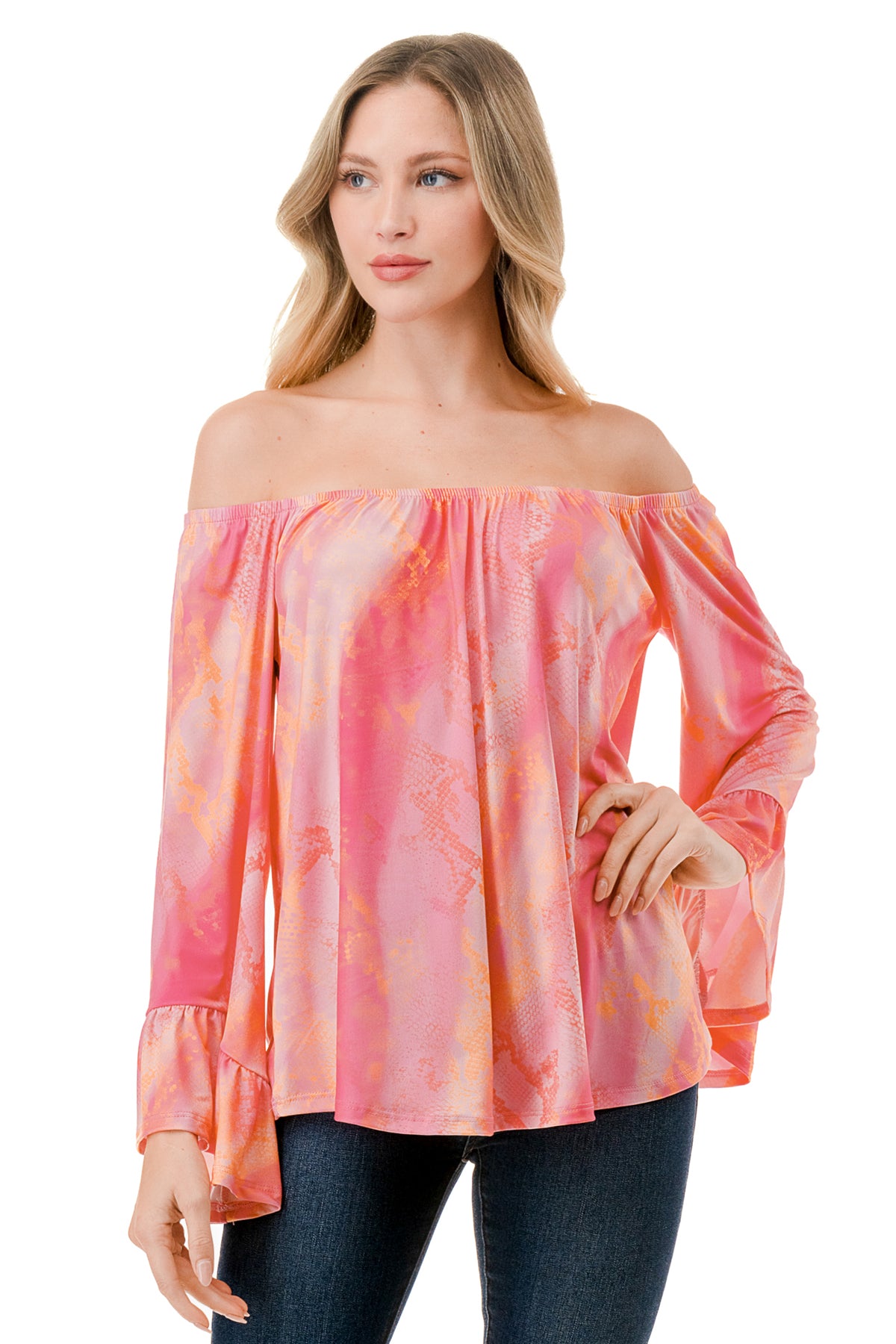 CORDELIA OFF SHOULDER TOP (PINK WATERCOLOR SNAKE)-VT3154