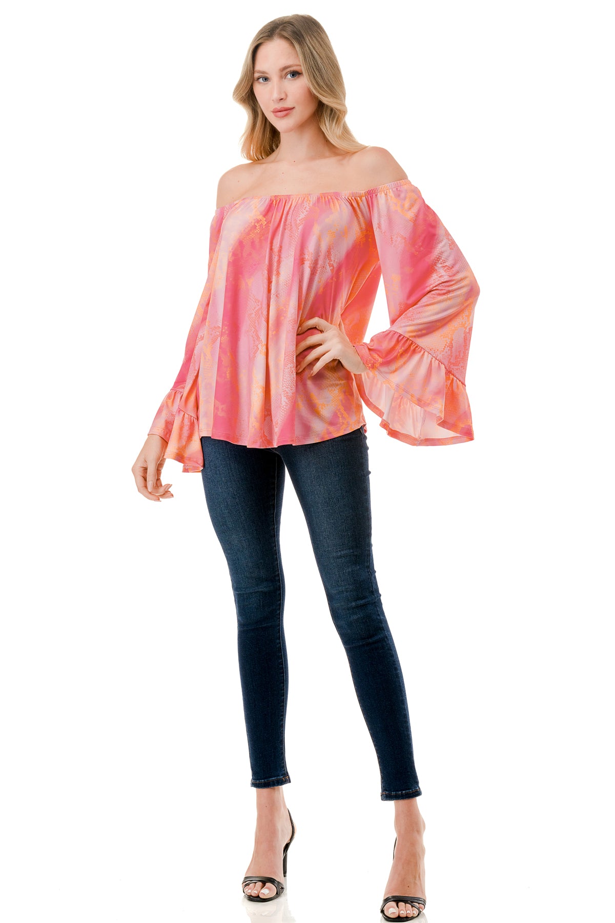 CORDELIA OFF SHOULDER TOP (PINK WATERCOLOR SNAKE)-VT3154