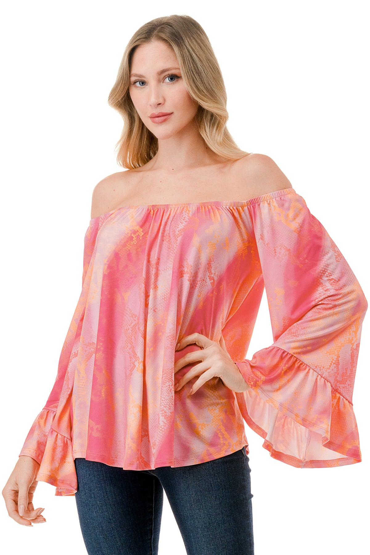 CORDELIA OFF SHOULDER TOP (PINK WATERCOLOR SNAKE)-VT3154