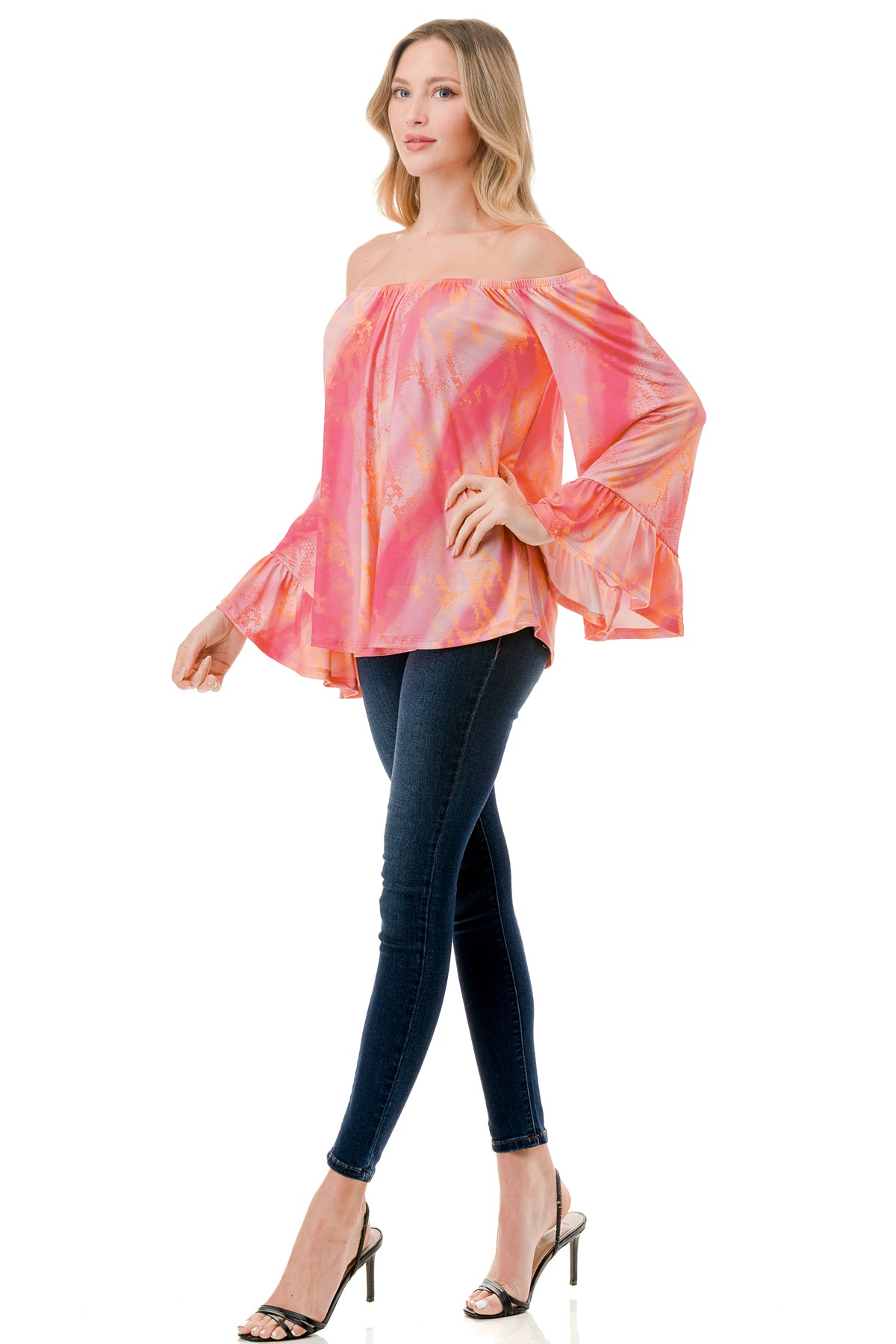 CORDELIA OFF SHOULDER TOP (PINK WATERCOLOR SNAKE)-VT3154