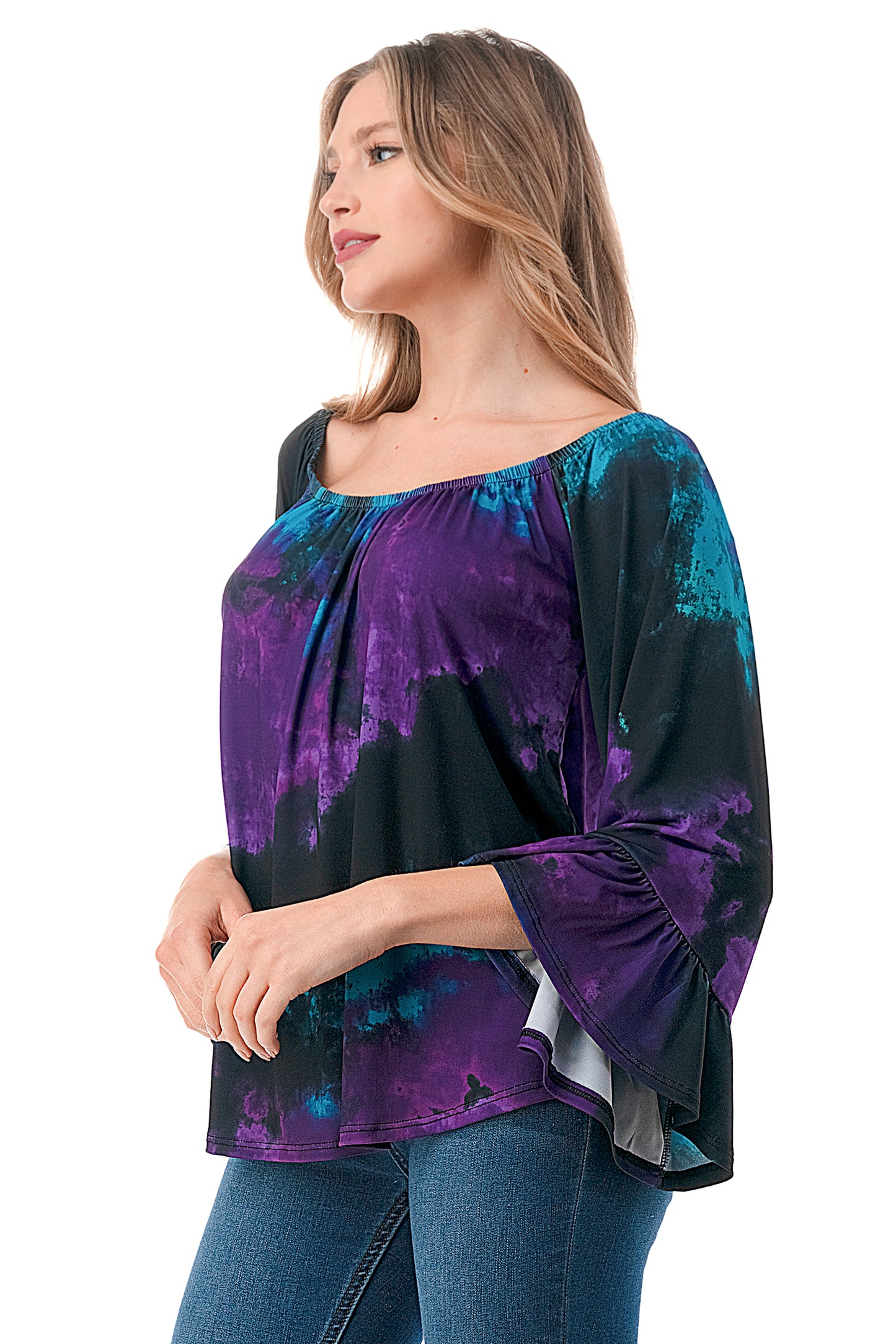 CORDELIA OFF SHOULDER TOP (PURPLE GREEN TIE DYE)-VT3154