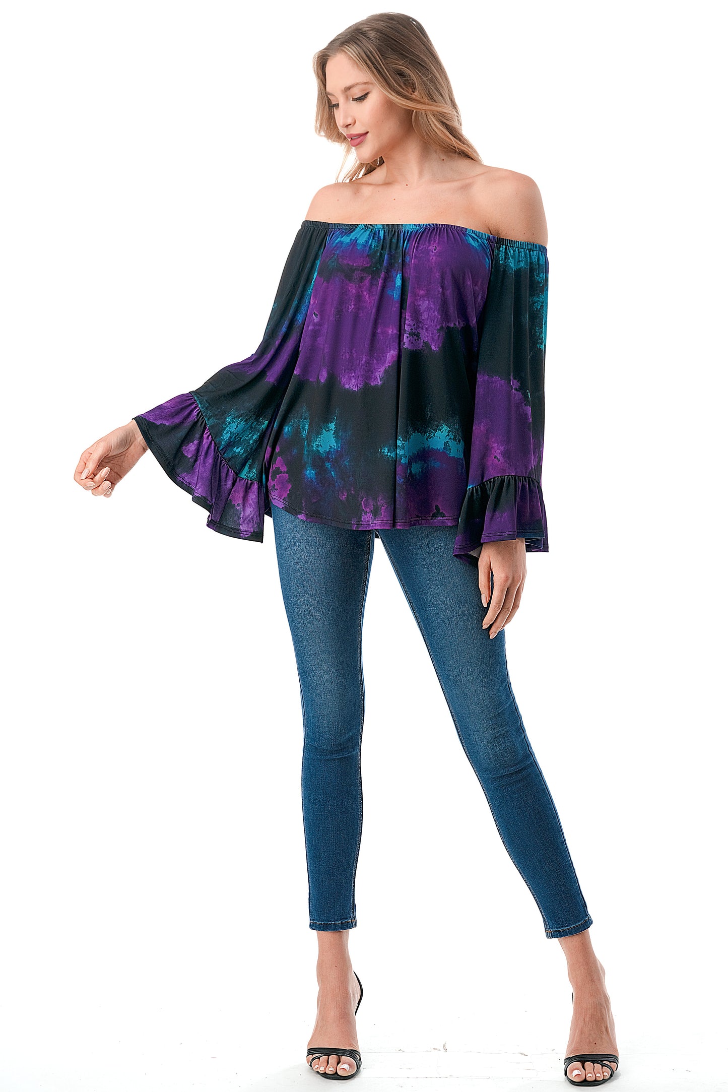 CORDELIA OFF SHOULDER TOP (PURPLE GREEN TIE DYE)-VT3154