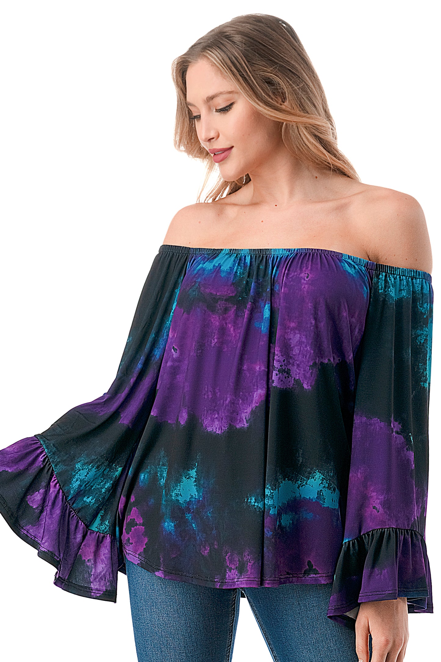 CORDELIA OFF SHOULDER TOP (PURPLE GREEN TIE DYE)-VT3154