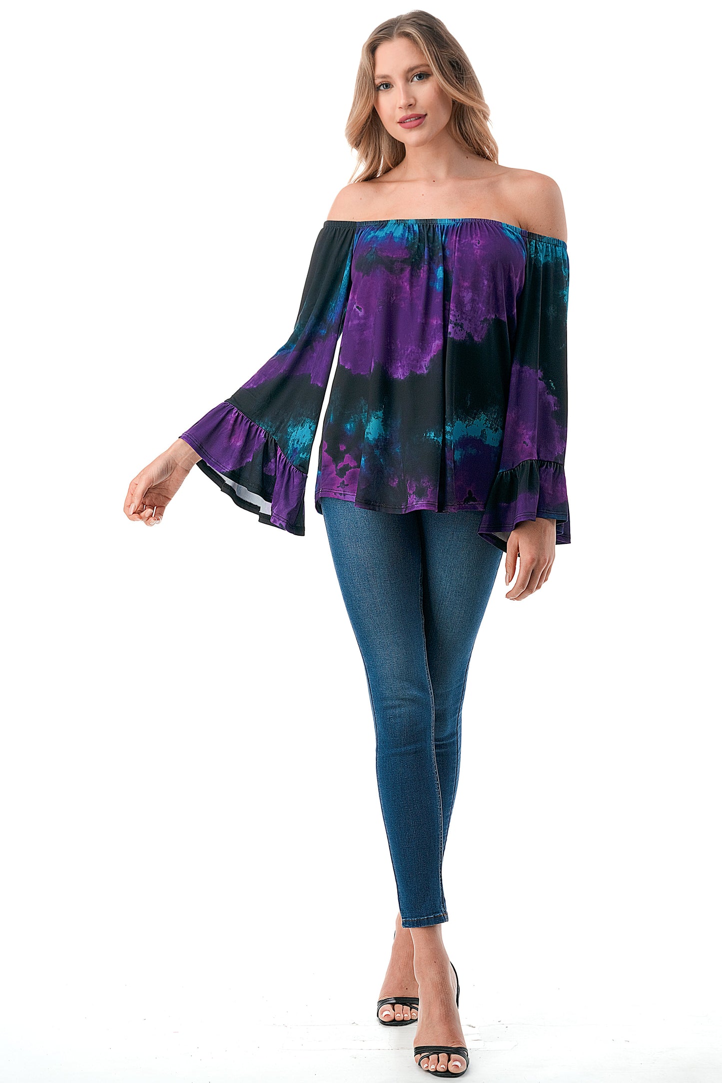 CORDELIA OFF SHOULDER TOP (PURPLE GREEN TIE DYE)-VT3154