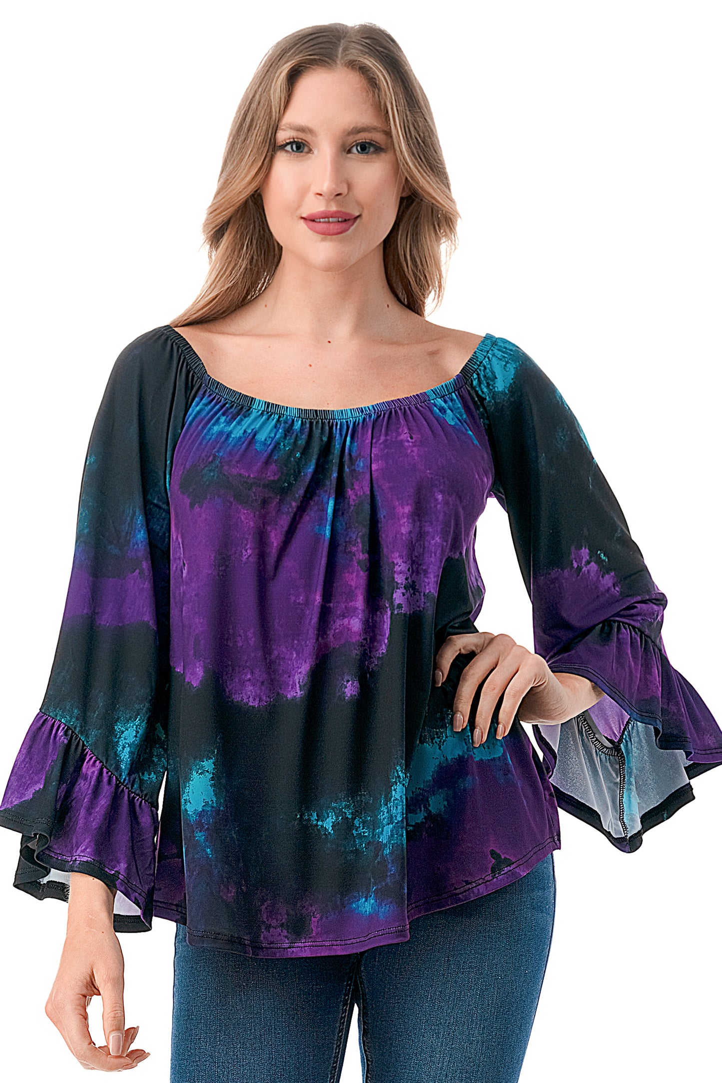 CORDELIA OFF SHOULDER TOP (PURPLE GREEN TIE DYE)-VT3154