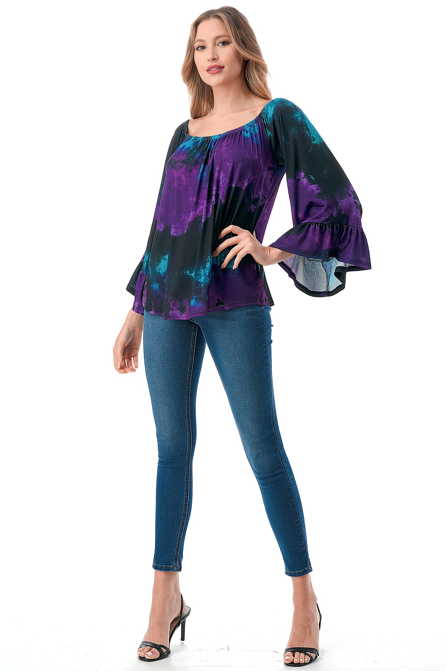 CORDELIA OFF SHOULDER TOP (PURPLE GREEN TIE DYE)-VT3154