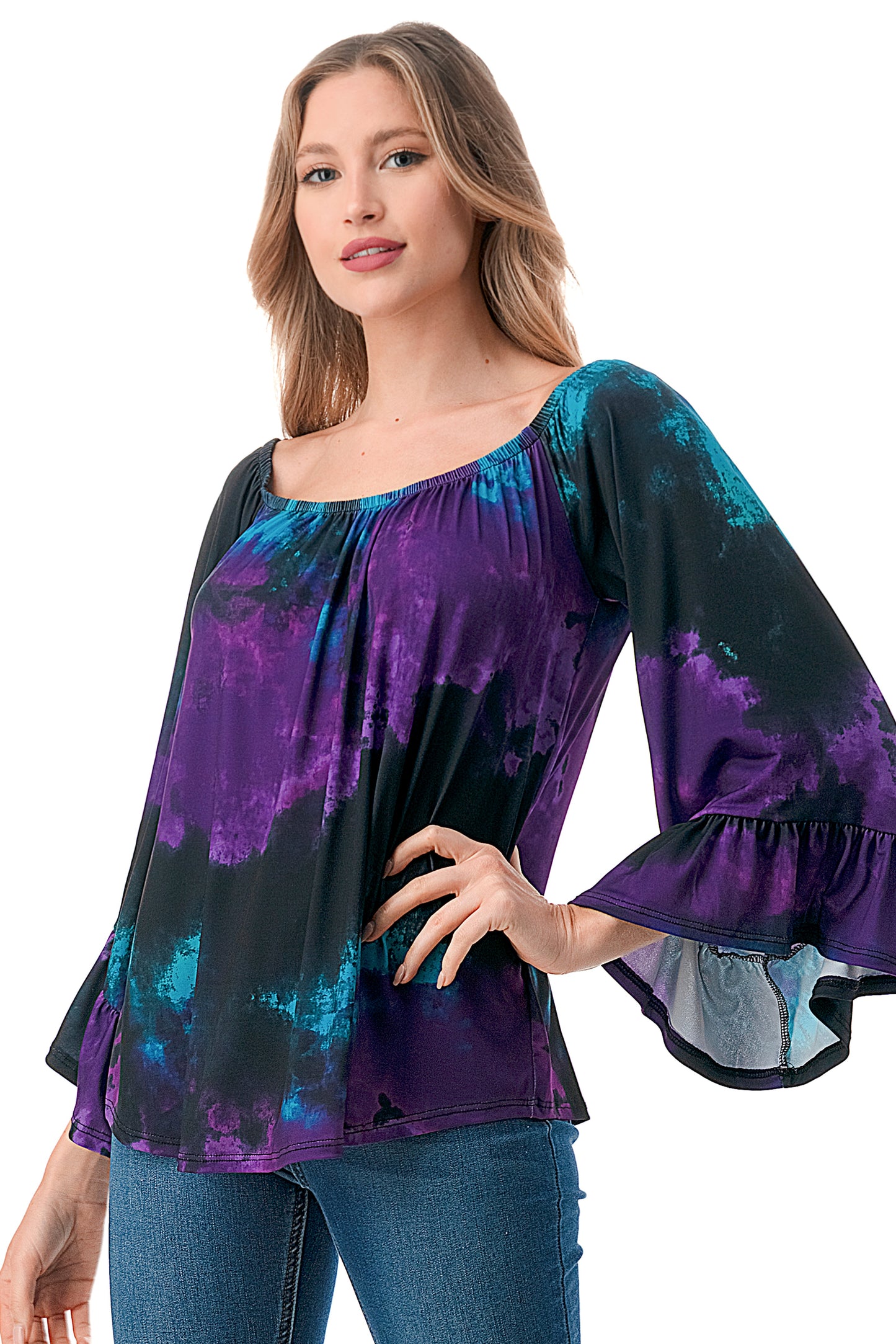 CORDELIA OFF SHOULDER TOP (PURPLE GREEN TIE DYE)-VT3154