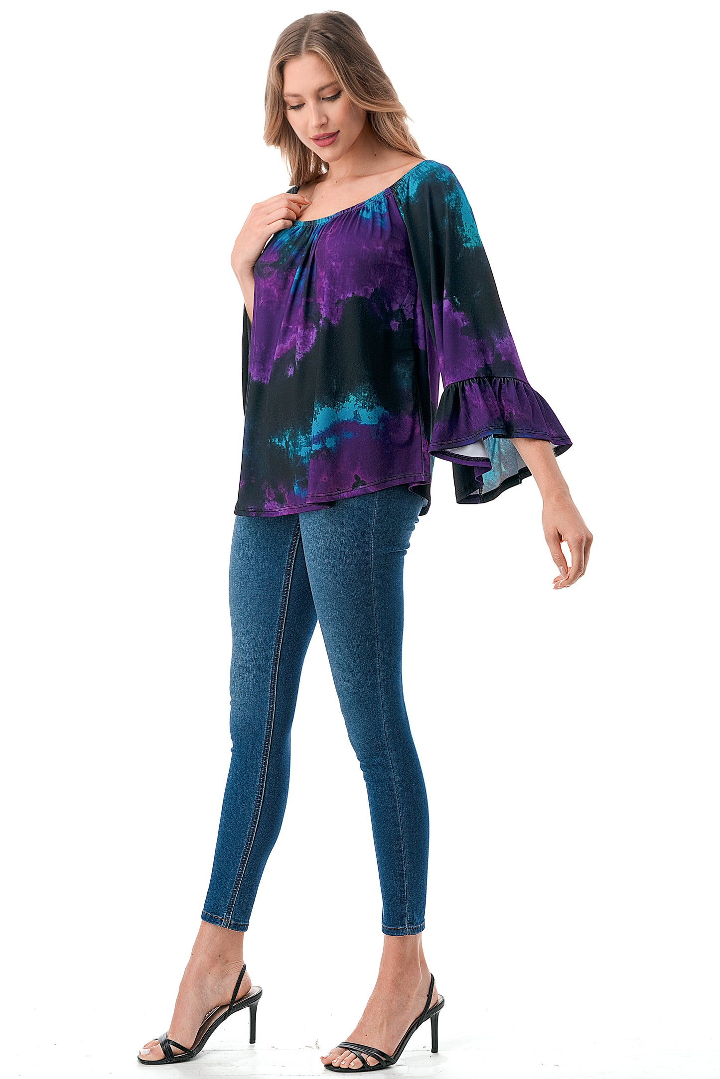 CORDELIA OFF SHOULDER TOP (PURPLE GREEN TIE DYE)-VT3154