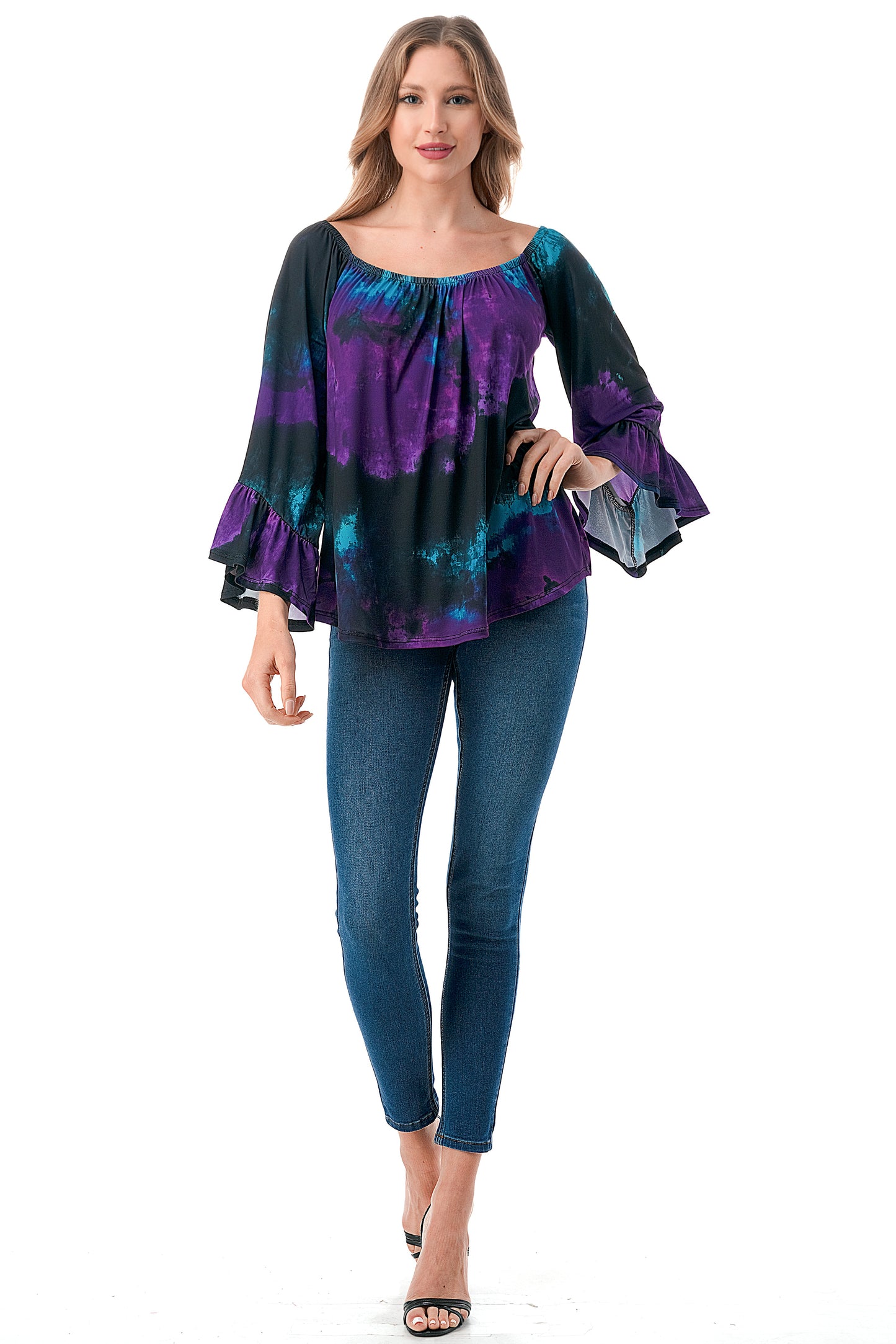CORDELIA OFF SHOULDER TOP (PURPLE GREEN TIE DYE)-VT3154