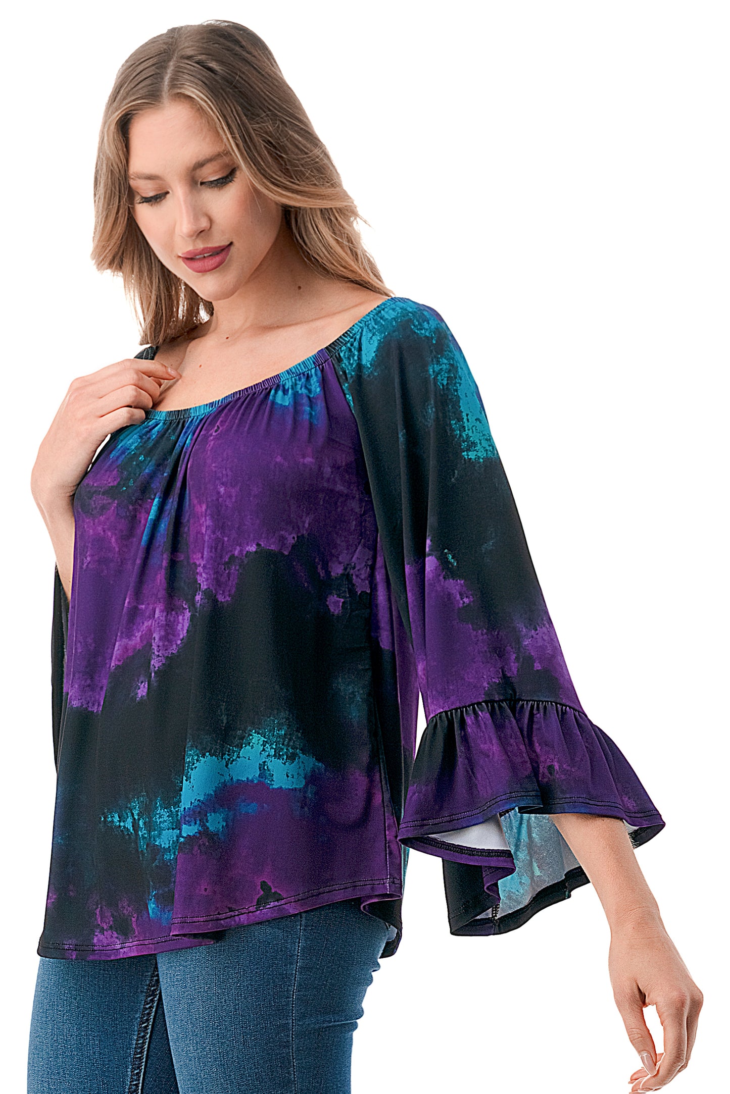 CORDELIA OFF SHOULDER TOP (PURPLE GREEN TIE DYE)-VT3154