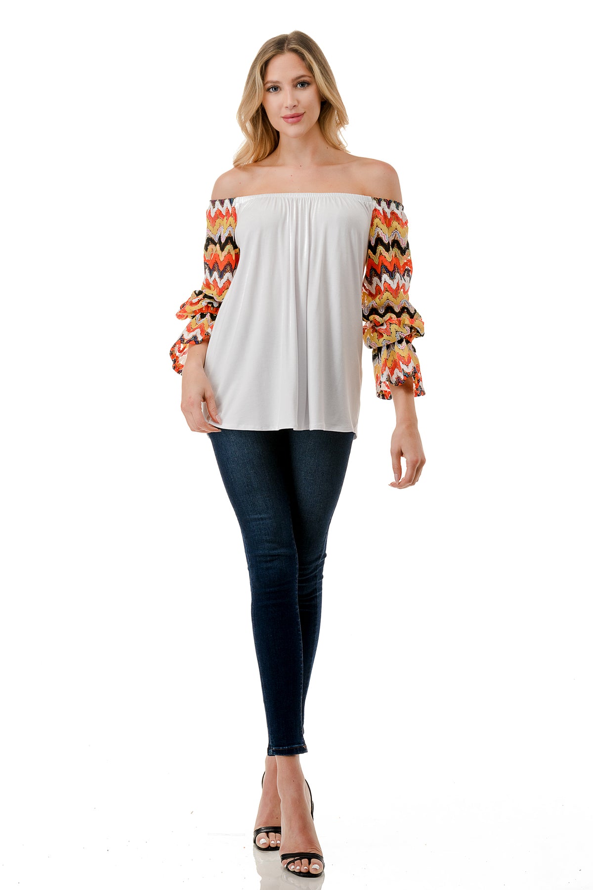 FRANCES OFF SHOULDER TOP (IVORY / ORANGE GREEN WAVE)- VT3160