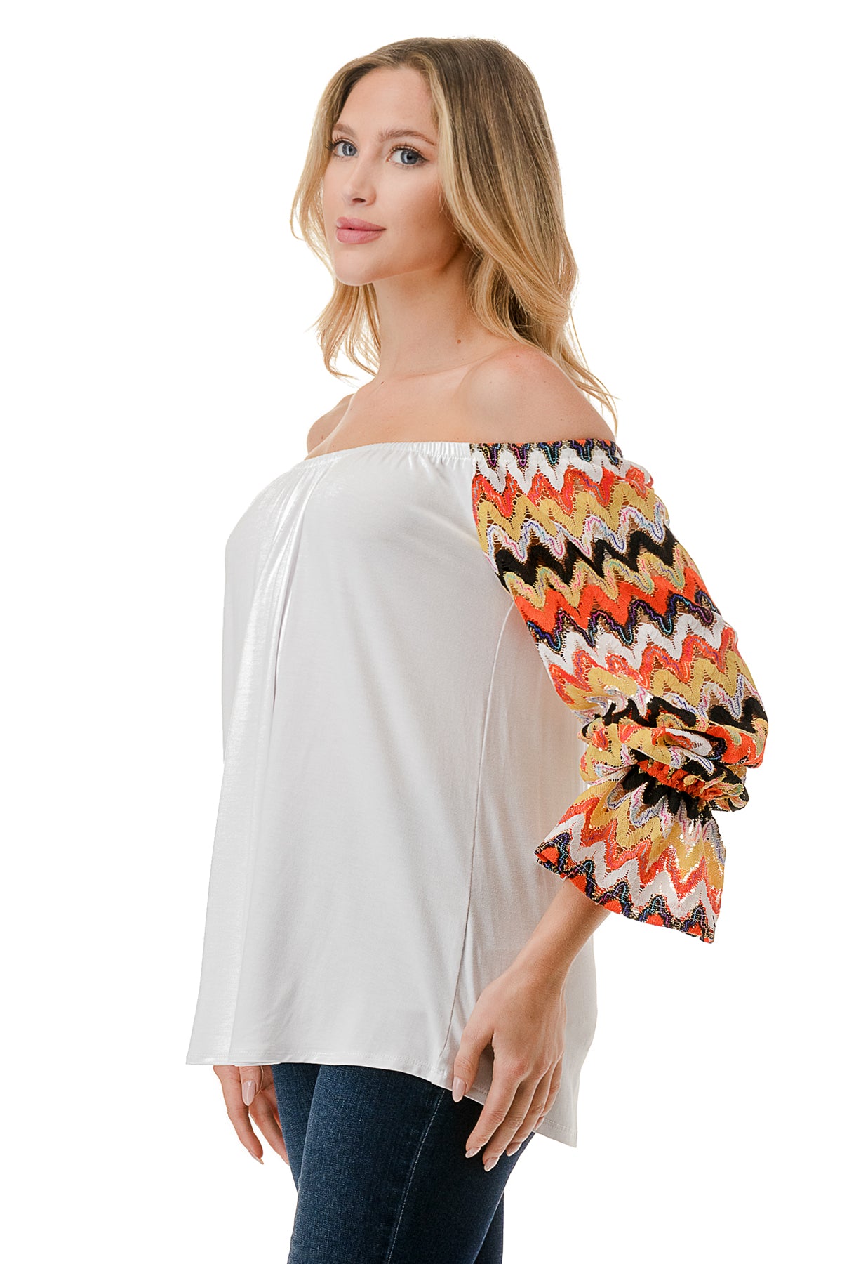 FRANCES OFF SHOULDER TOP (IVORY / ORANGE GREEN WAVE)- VT3160