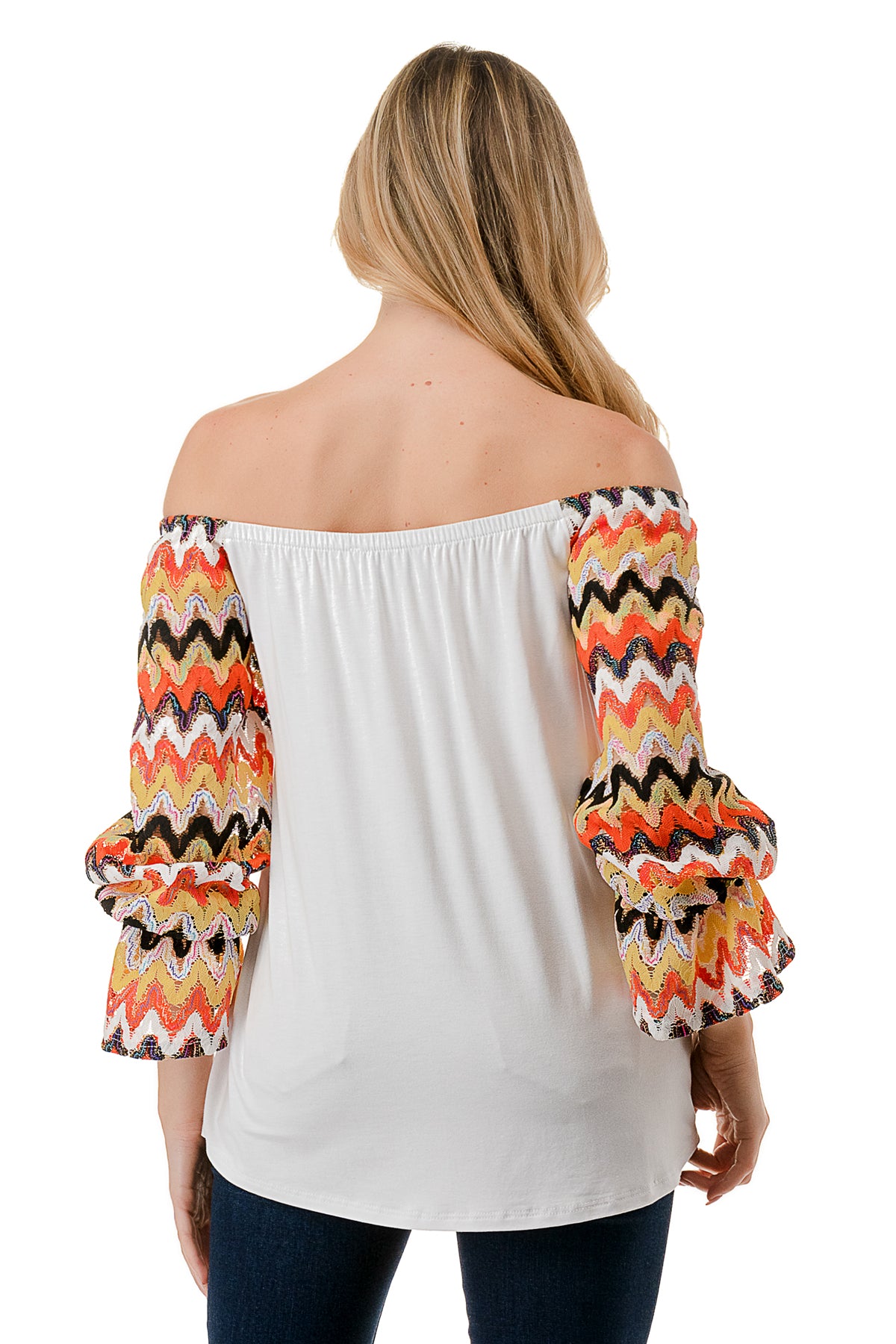 FRANCES OFF SHOULDER TOP (IVORY / ORANGE GREEN WAVE)- VT3160