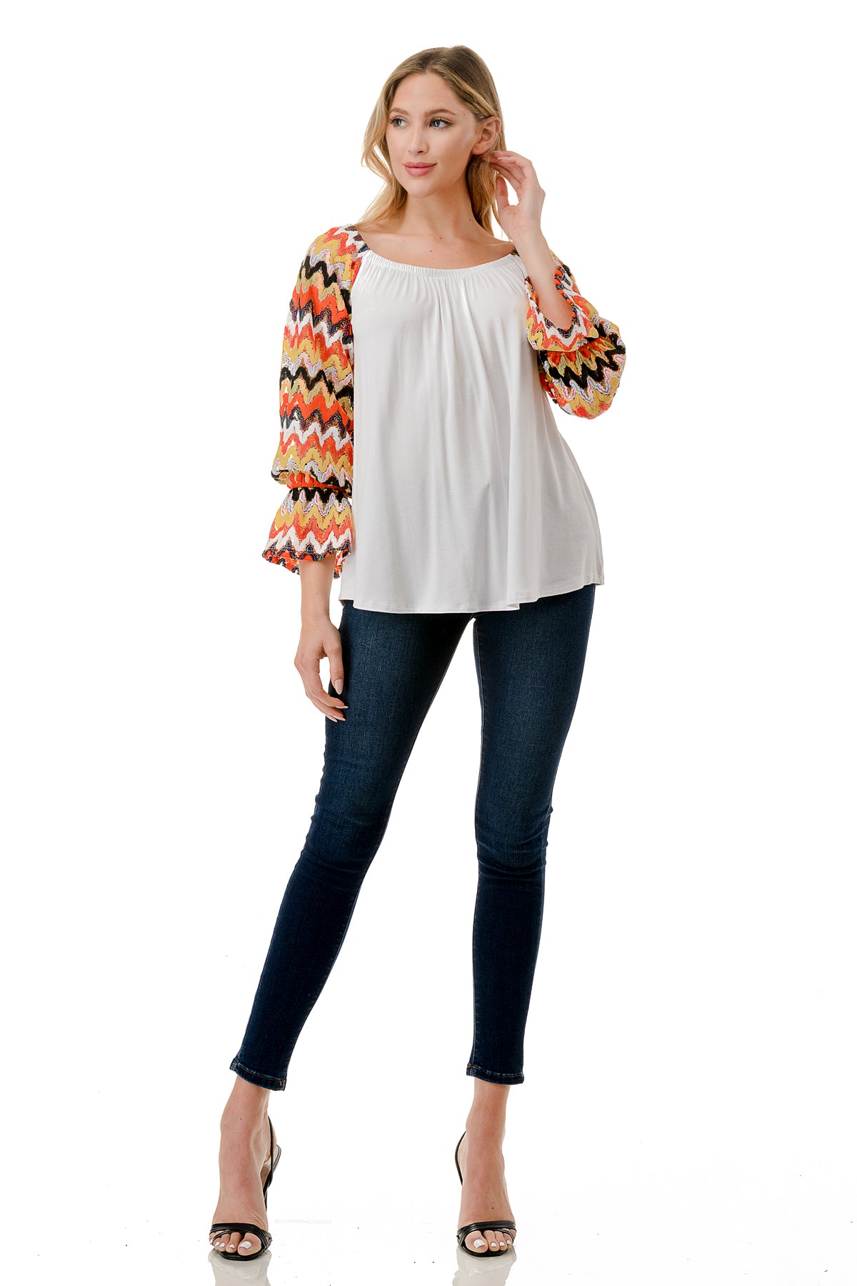 FRANCES OFF SHOULDER TOP (IVORY / ORANGE GREEN WAVE)- VT3160
