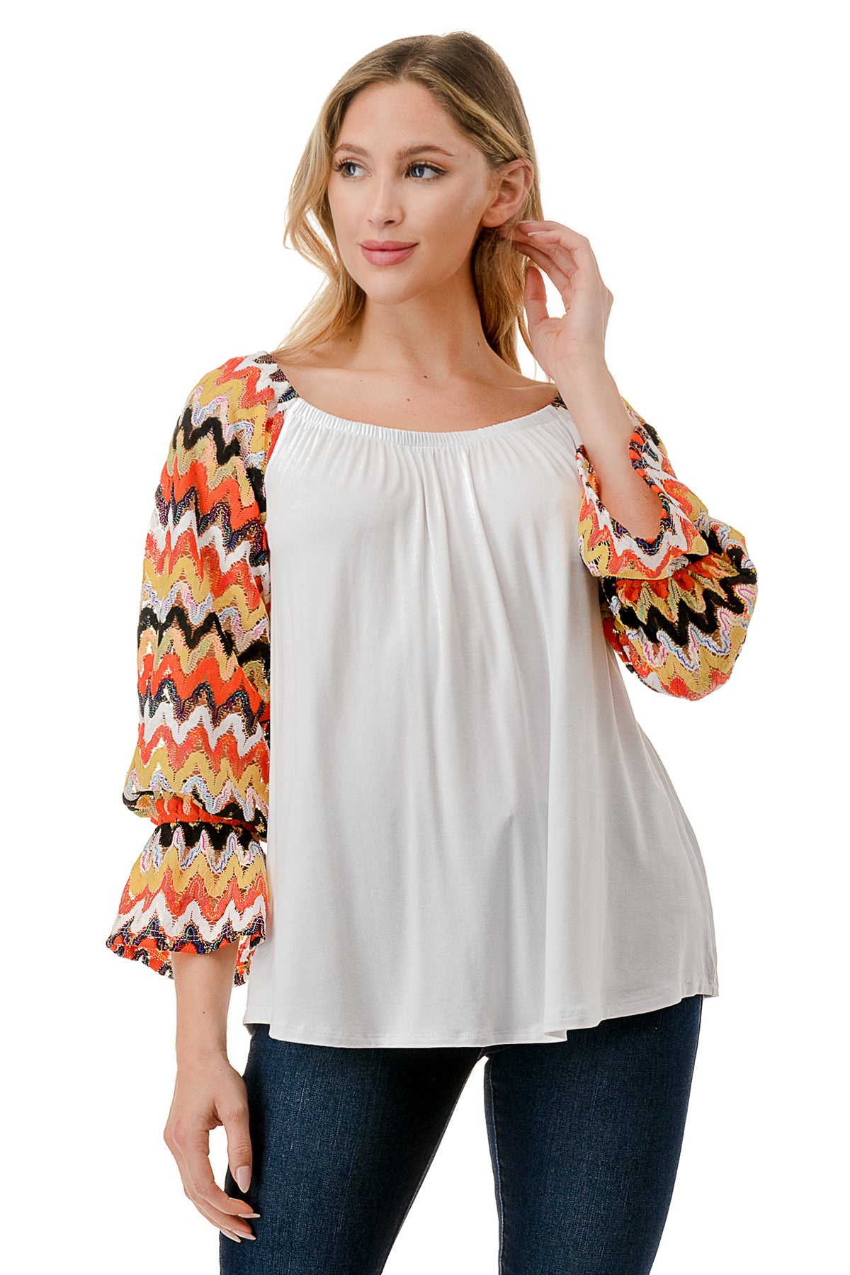 FRANCES OFF SHOULDER TOP (IVORY / ORANGE GREEN WAVE)- VT3160