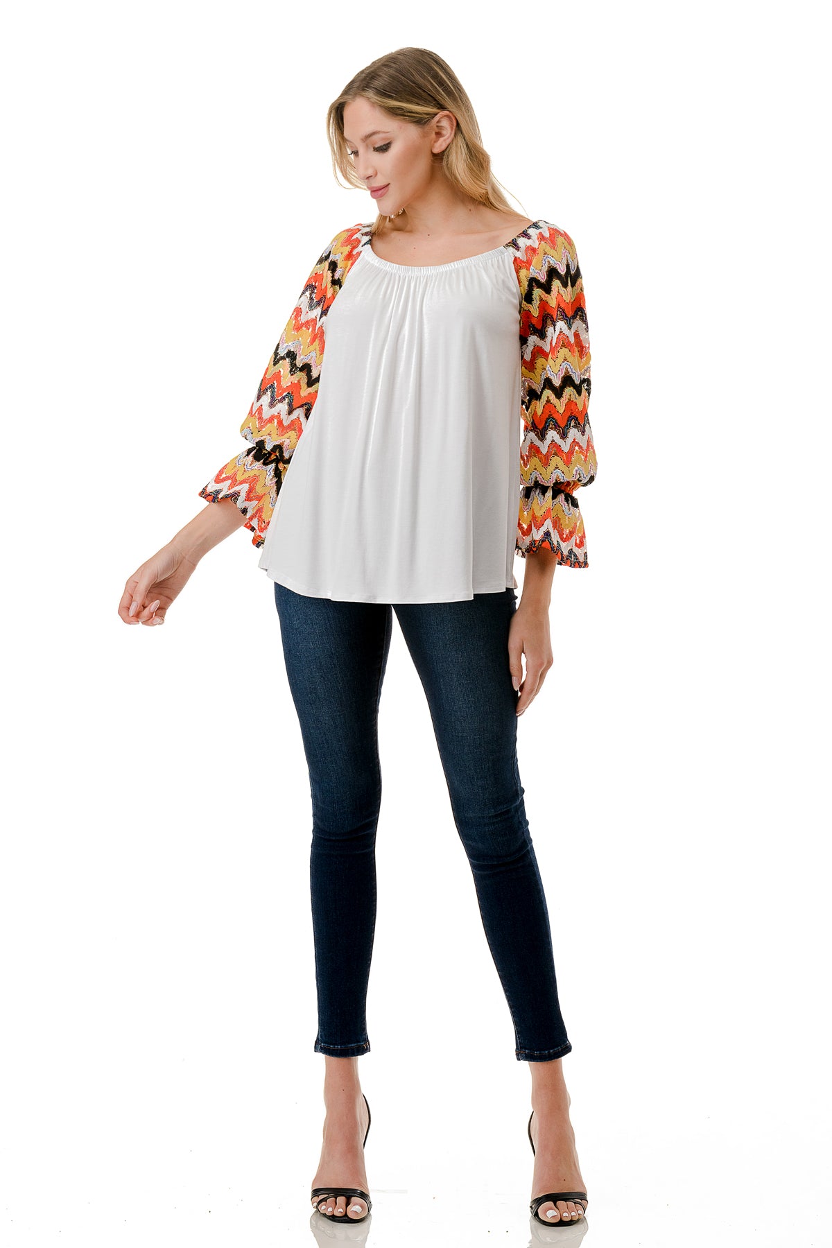 FRANCES OFF SHOULDER TOP (IVORY / ORANGE GREEN WAVE)- VT3160
