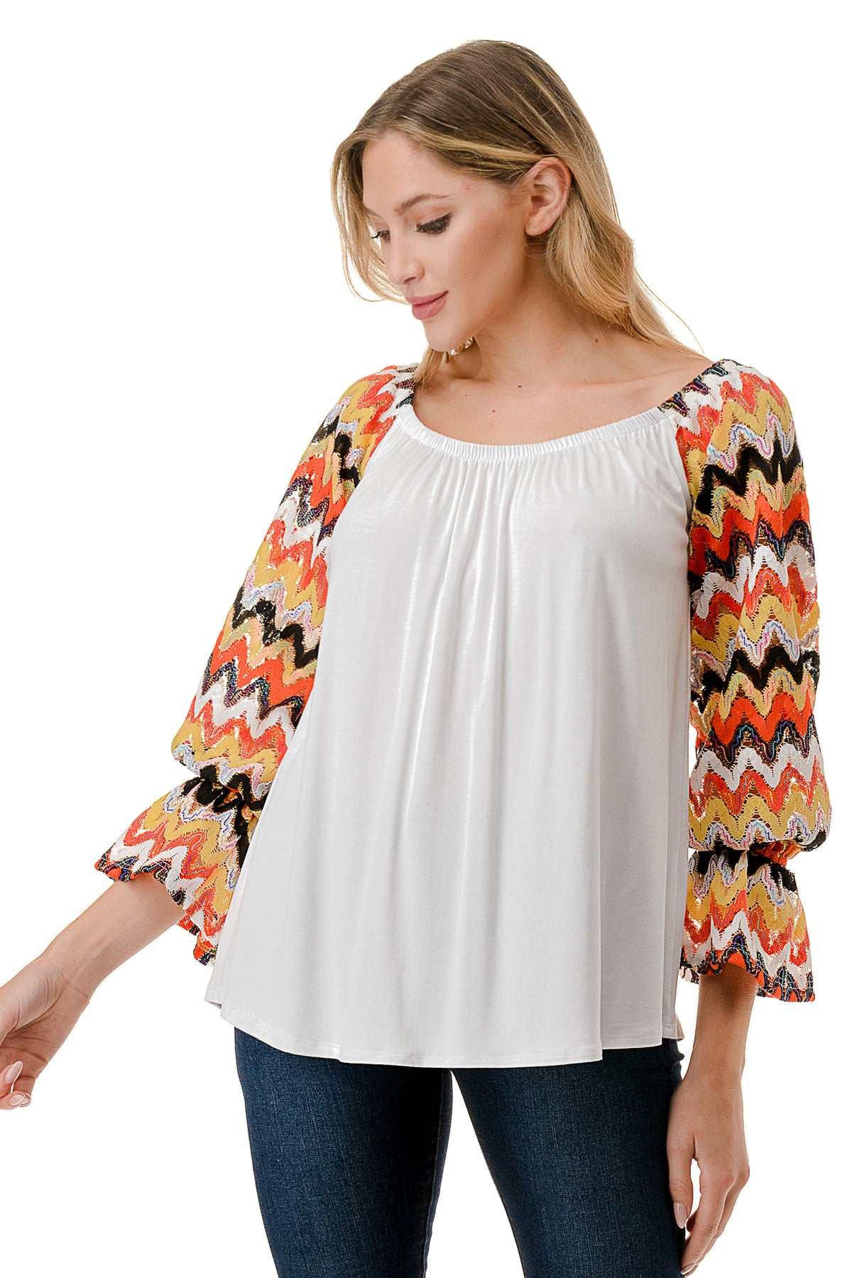 FRANCES OFF SHOULDER TOP (IVORY / ORANGE GREEN WAVE)- VT3160
