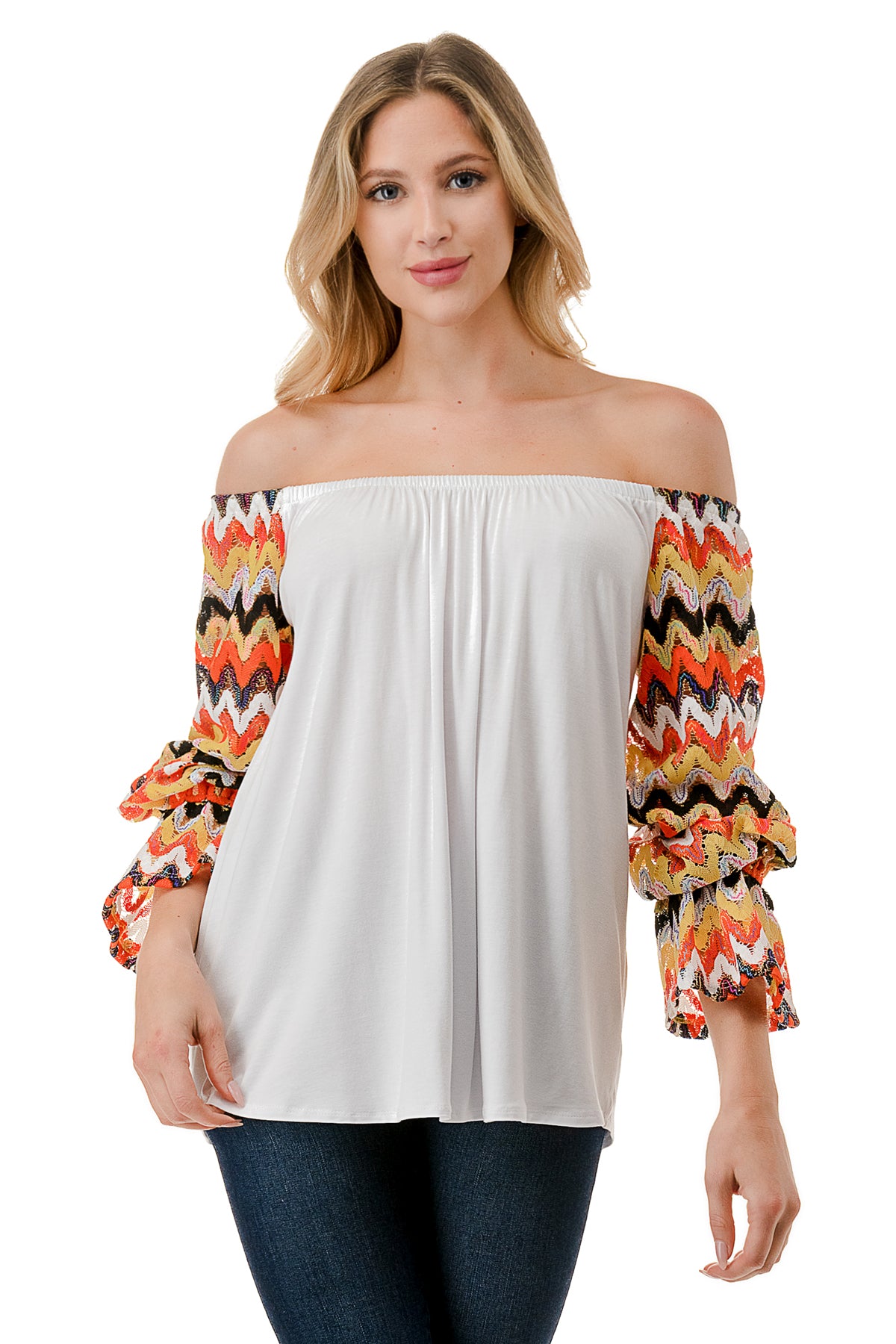 FRANCES OFF SHOULDER TOP (IVORY / ORANGE GREEN WAVE)- VT3160