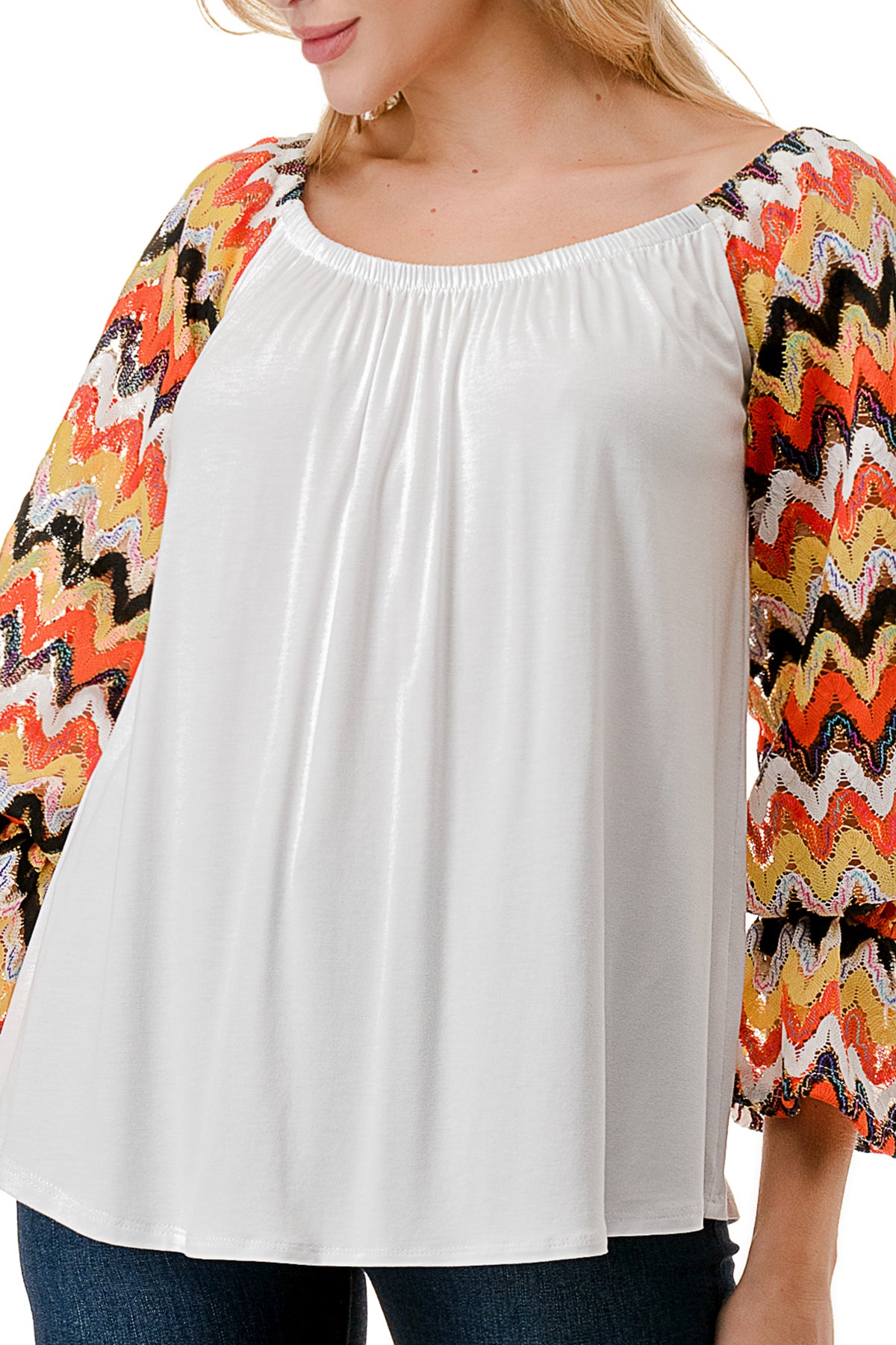FRANCES OFF SHOULDER TOP (IVORY / ORANGE GREEN WAVE)- VT3160