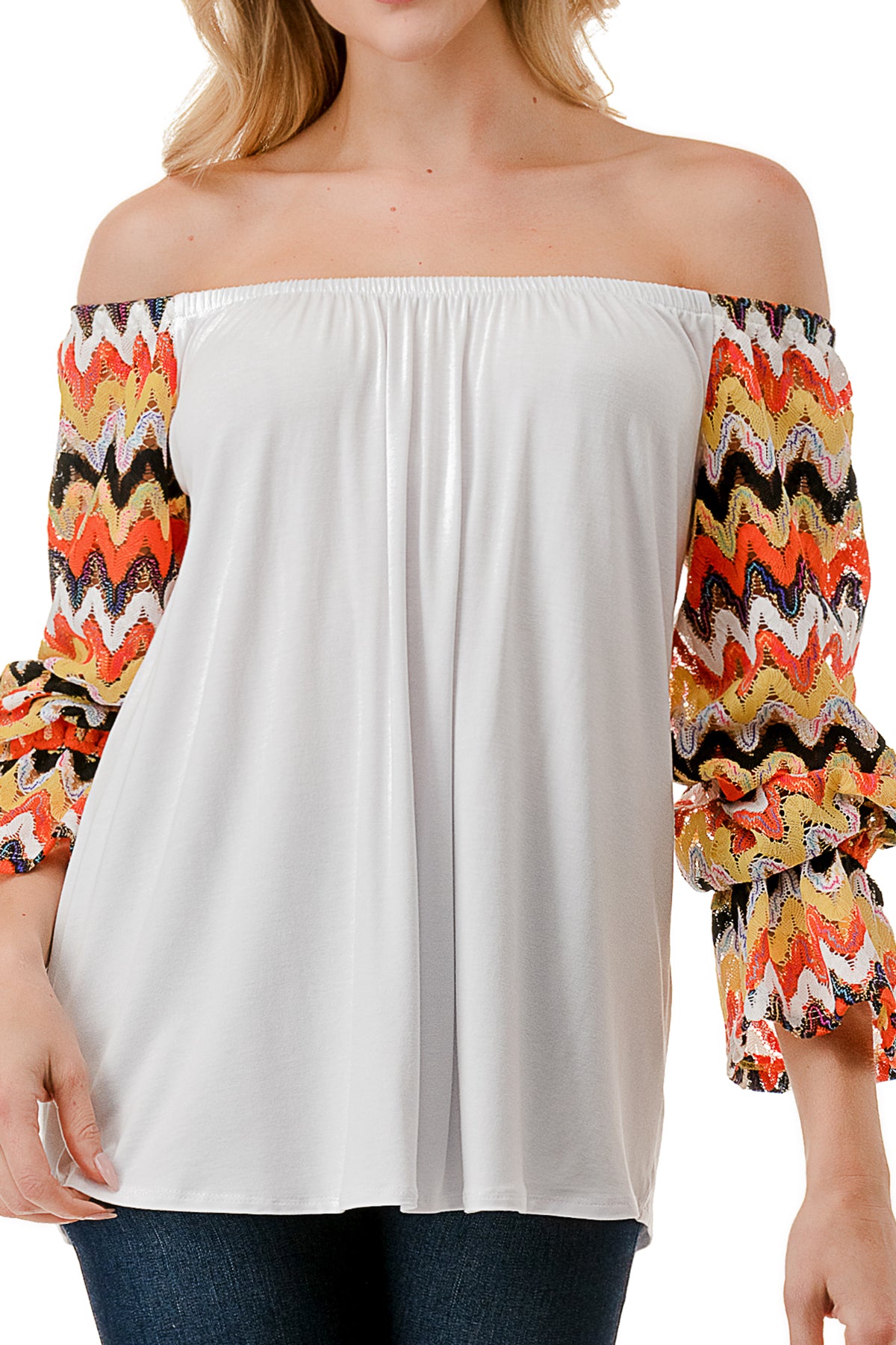 FRANCES OFF SHOULDER TOP (IVORY / ORANGE GREEN WAVE)- VT3160