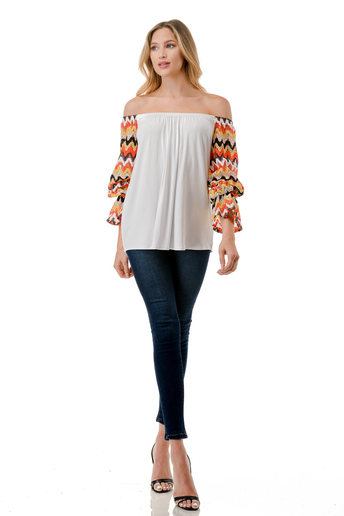 FRANCES OFF SHOULDER TOP (IVORY / ORANGE GREEN WAVE)- VT3160