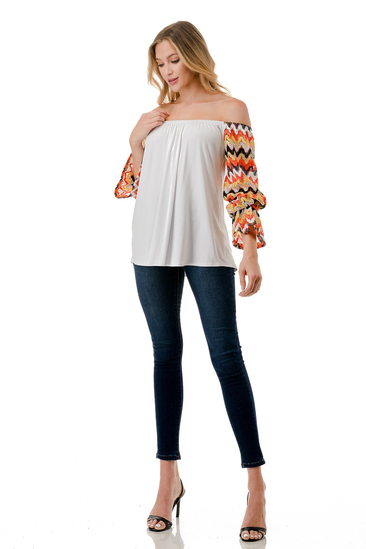 FRANCES OFF SHOULDER TOP (IVORY / ORANGE GREEN WAVE)- VT3160