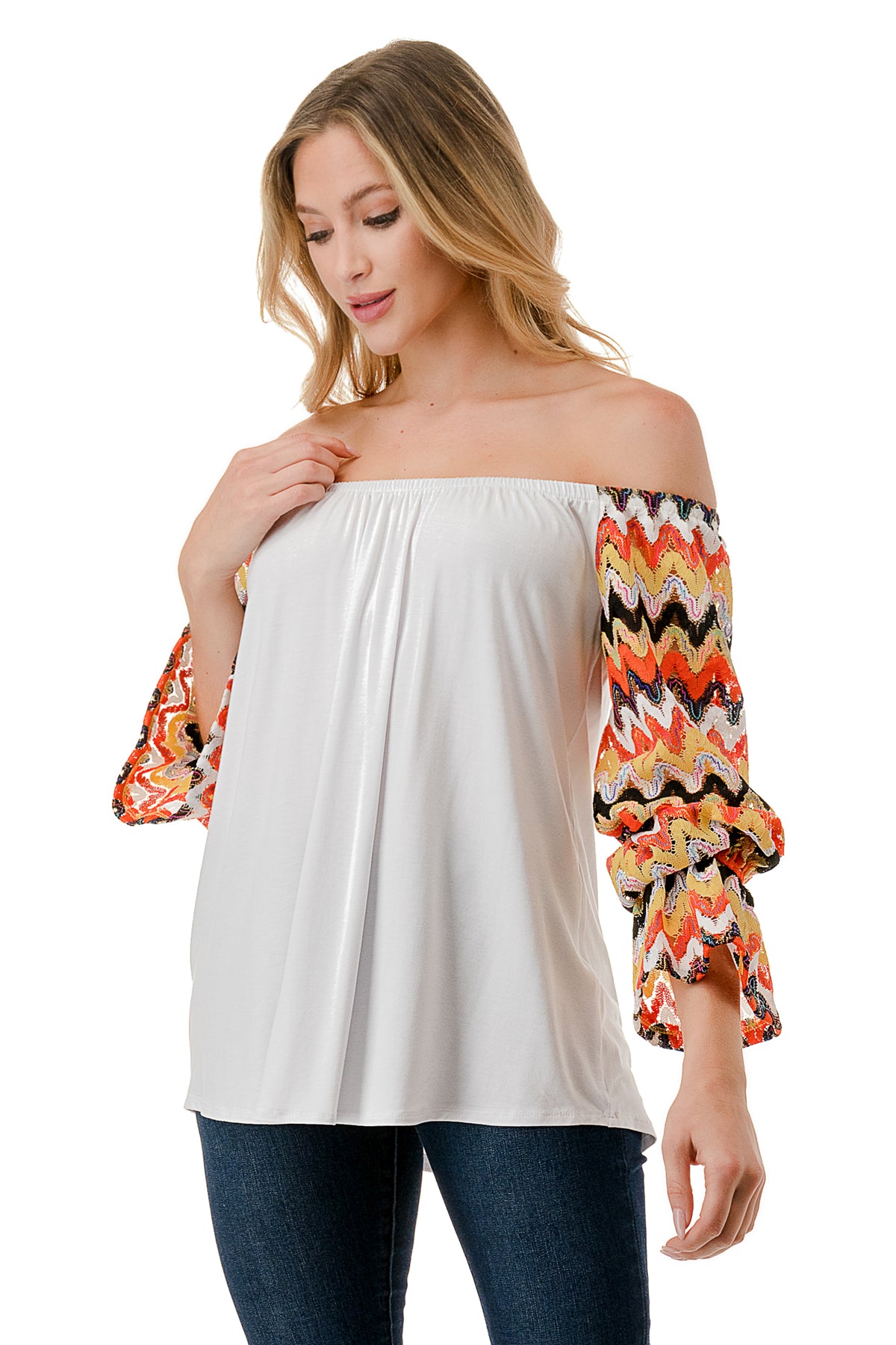 FRANCES OFF SHOULDER TOP (IVORY / ORANGE GREEN WAVE)- VT3160