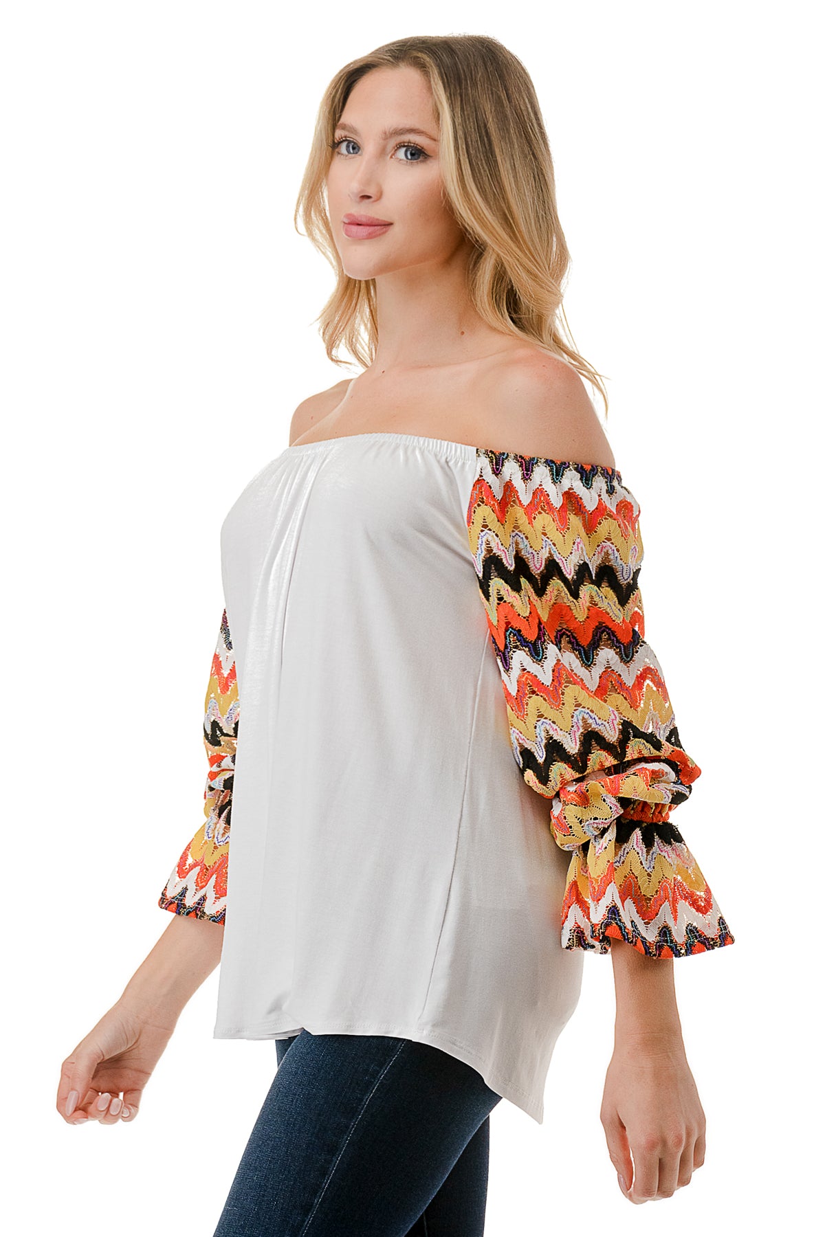 FRANCES OFF SHOULDER TOP (IVORY / ORANGE GREEN WAVE)- VT3160