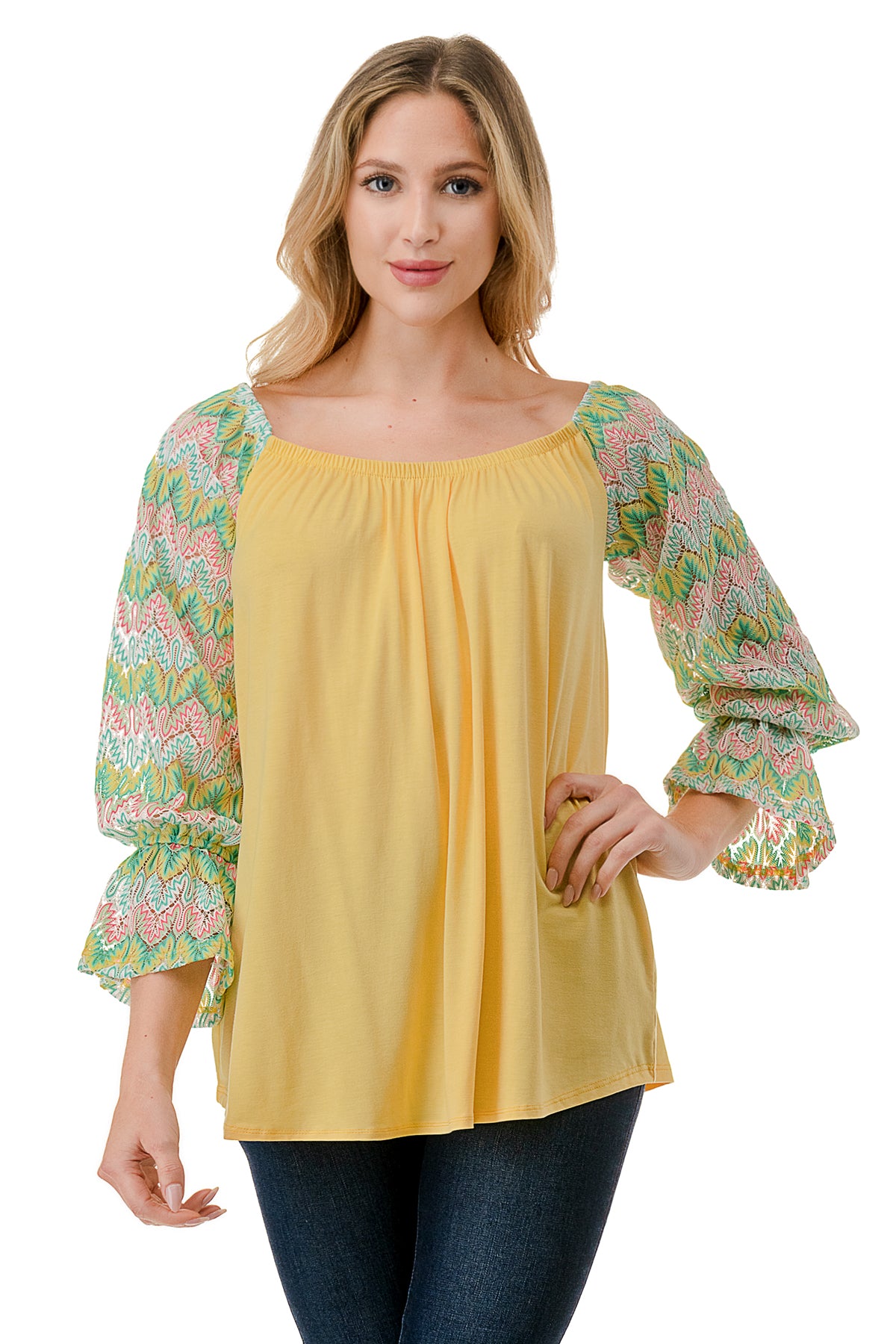 FRANCES OFF SHOULDER TOP (YELLOW / GREEN PINK CROCHET)- VT3160