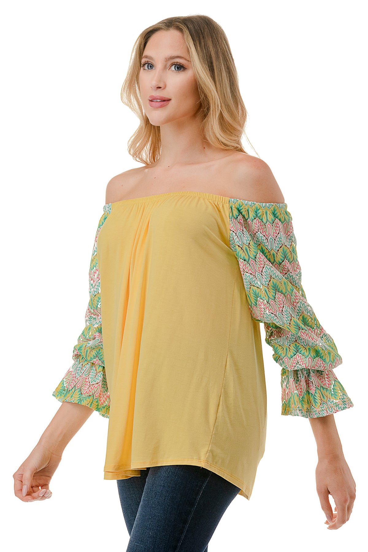 FRANCES OFF SHOULDER TOP (YELLOW / GREEN PINK CROCHET)- VT3160